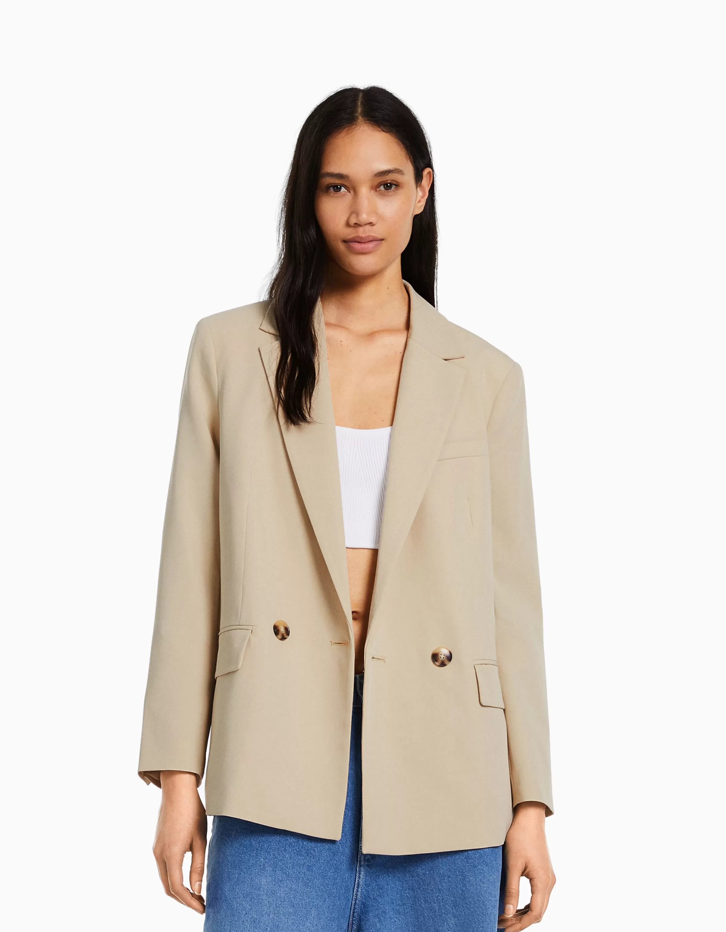 BERSHKA Vestes*Blazer tailoring croisé regular fit coupe féminine Sable