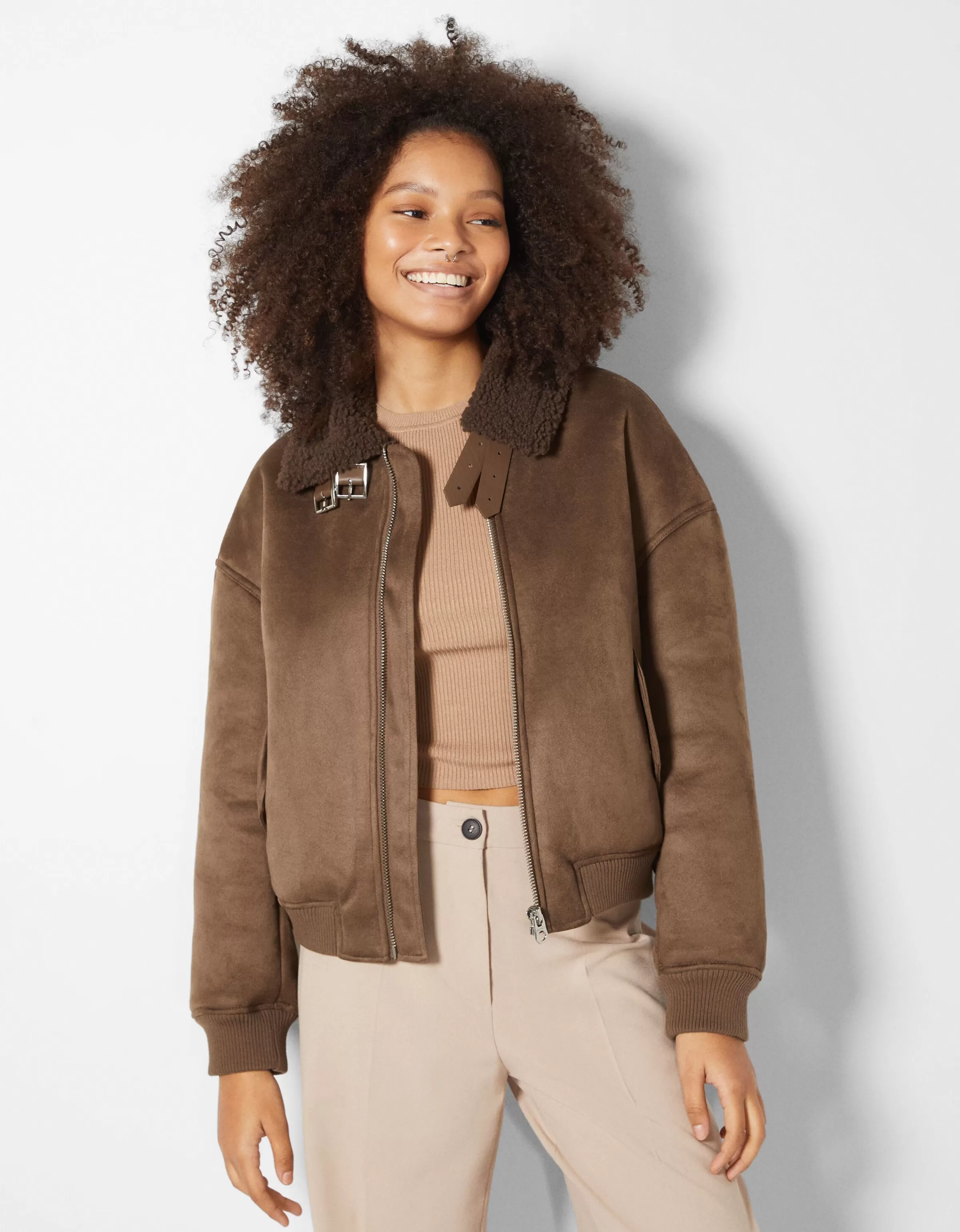 BERSHKA Vestes*Blouson aviateur double face Marron