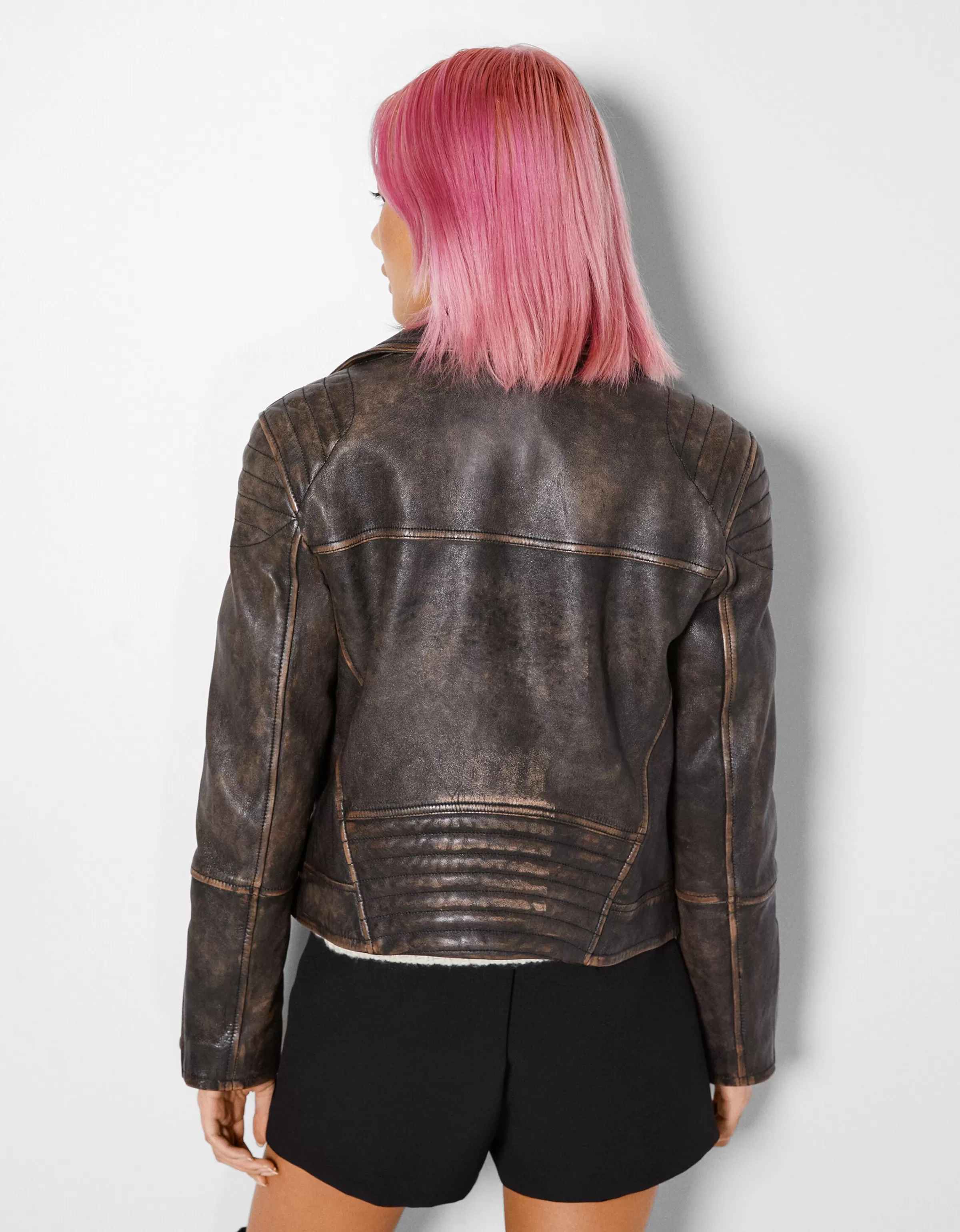 BERSHKA Vestes*Blouson biker cuir effet usé Noir