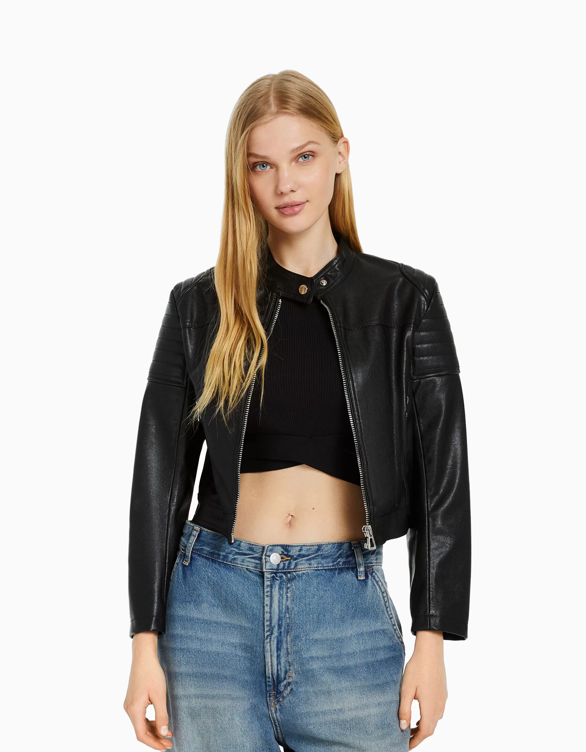 BERSHKA Vestes*Blouson biker racing similicuir Noir