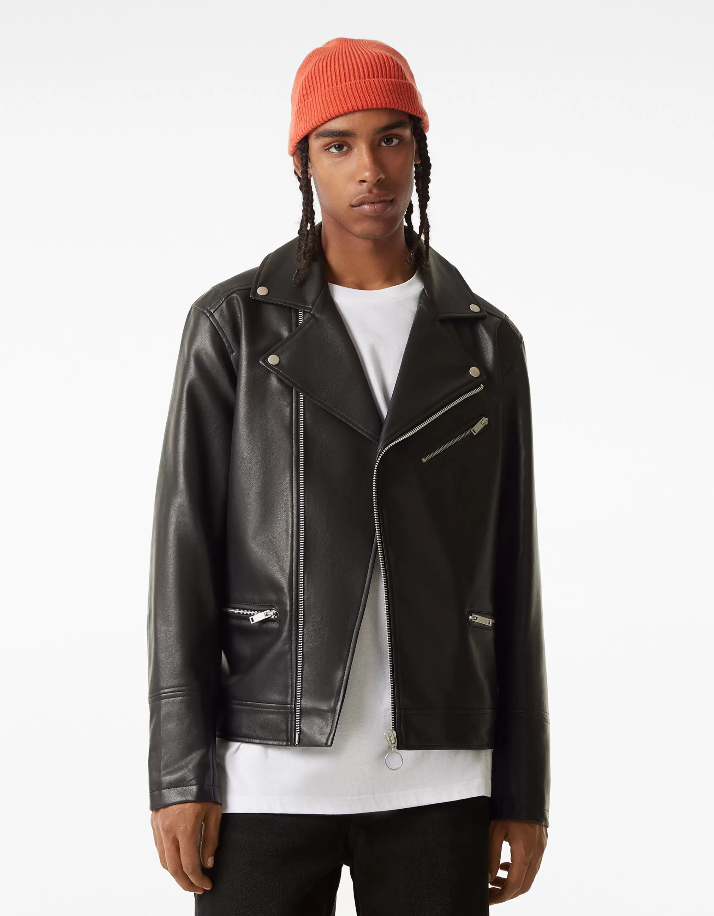 BERSHKA Blousons et manteaux*Blouson biker similicuir Noir