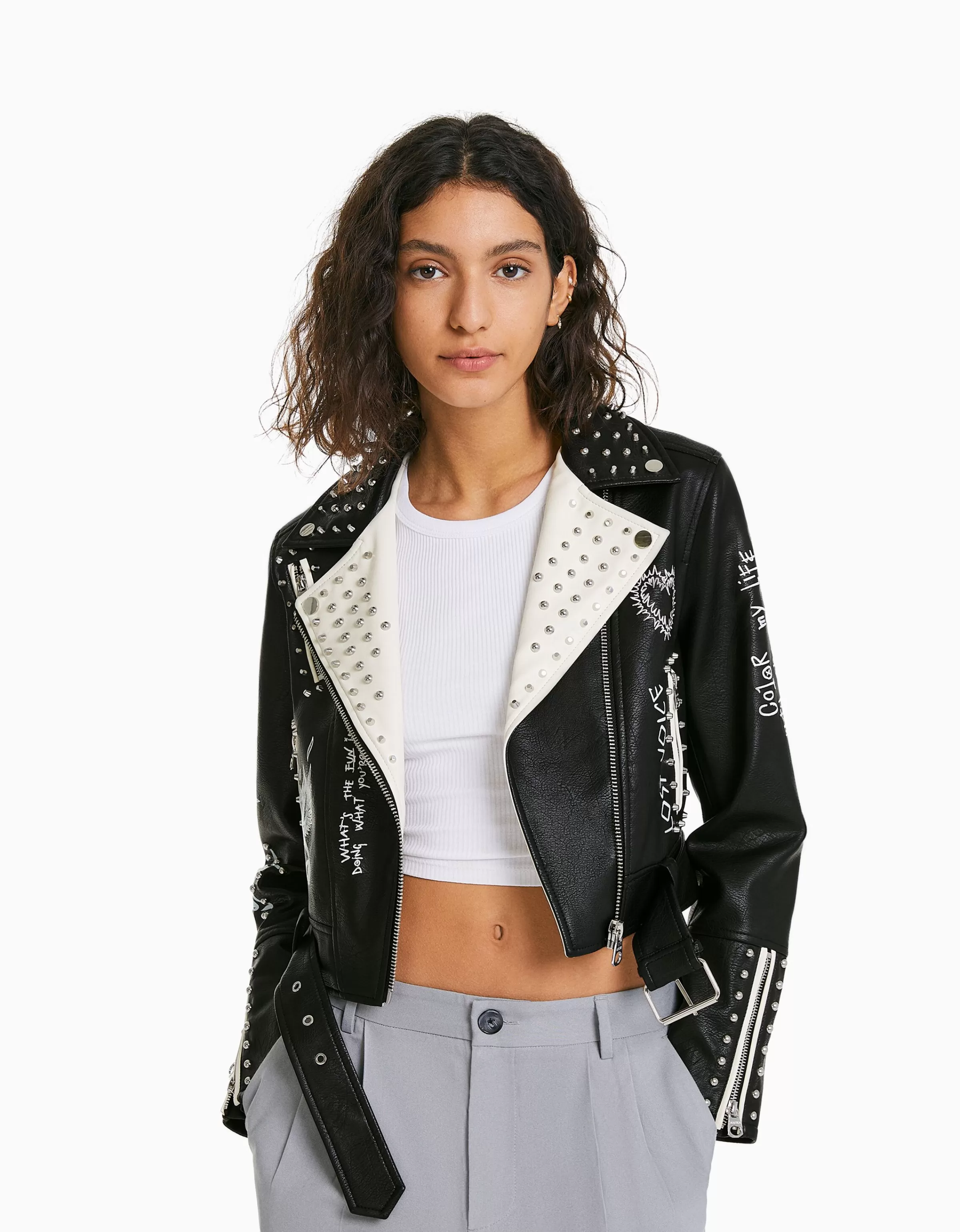 BERSHKA Vestes*Blouson biker similicuir clous Noir