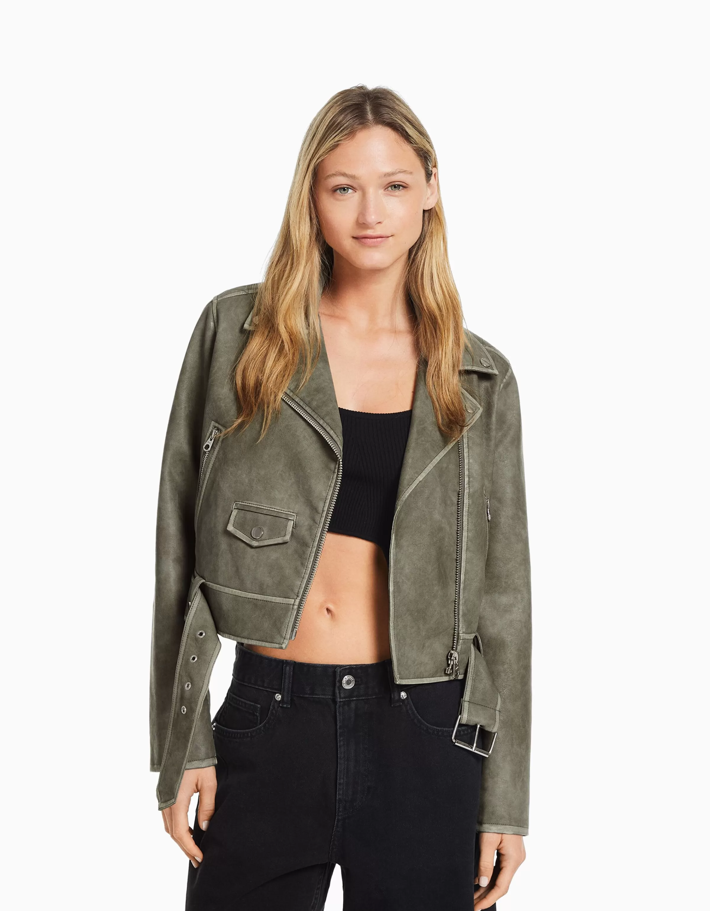 BERSHKA Vestes*Blouson biker similicuir effet usé ceinture Gris