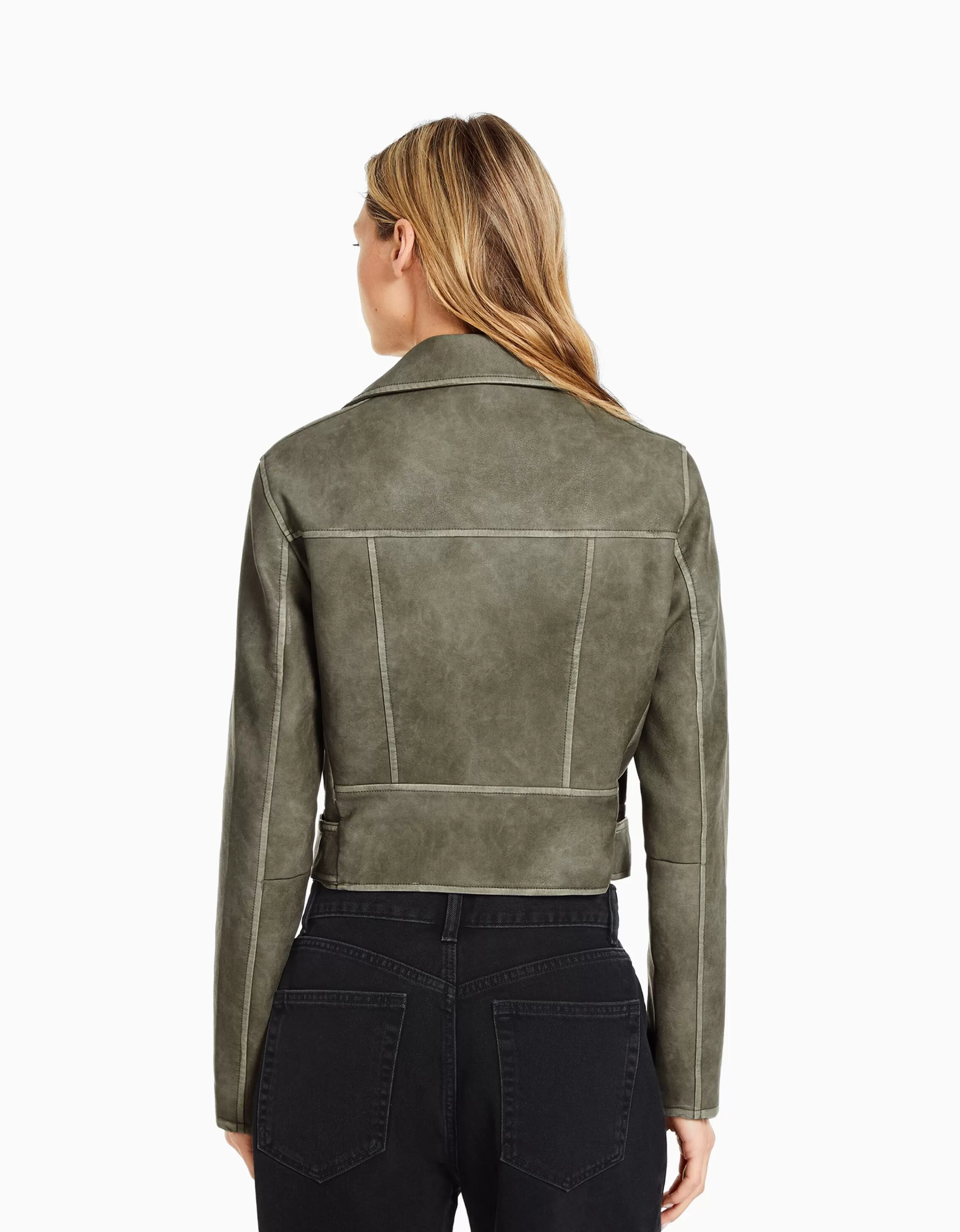 BERSHKA Vestes*Blouson biker similicuir effet usé ceinture Gris