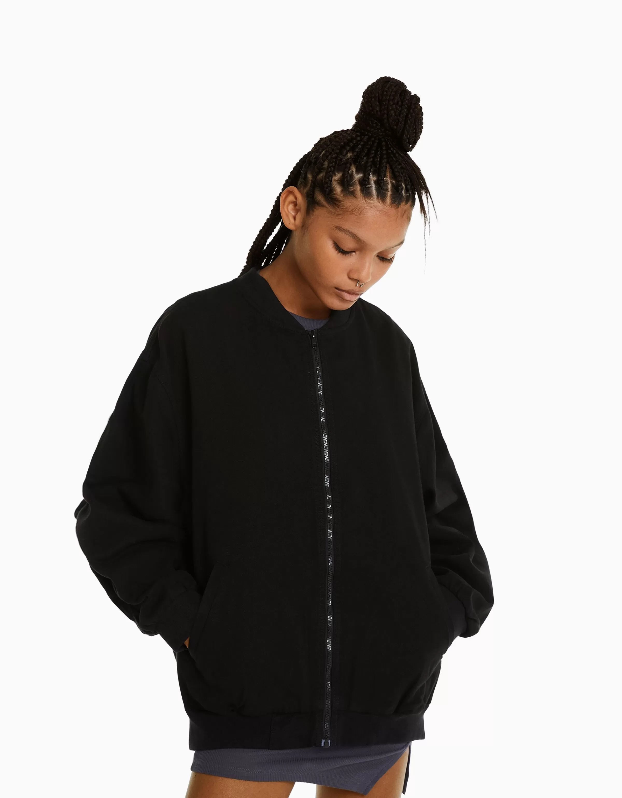 BERSHKA Vêtements*Blouson bomber gathering Noir