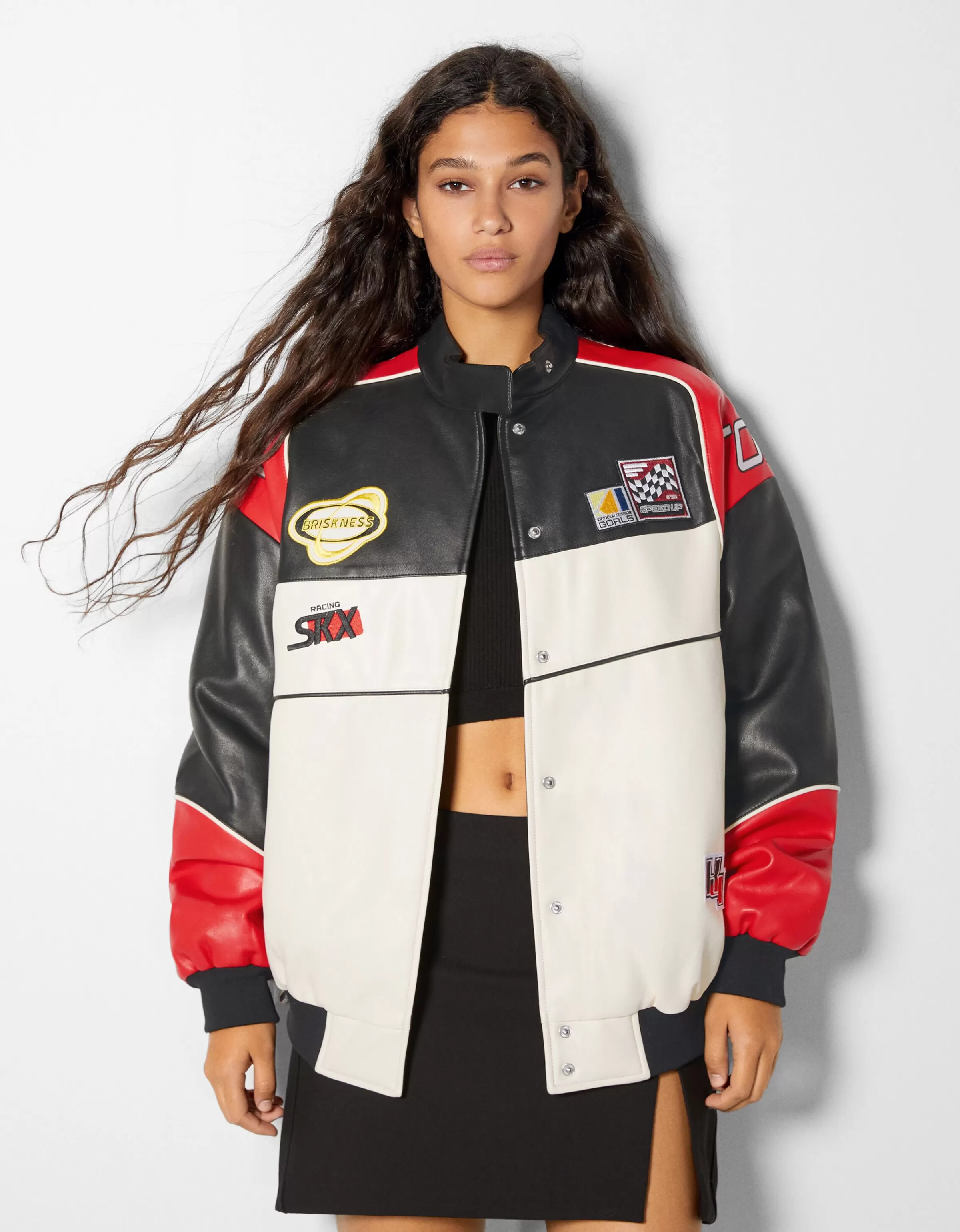 BERSHKA BSK Teen*Blouson bomber similicuir racing Rouge