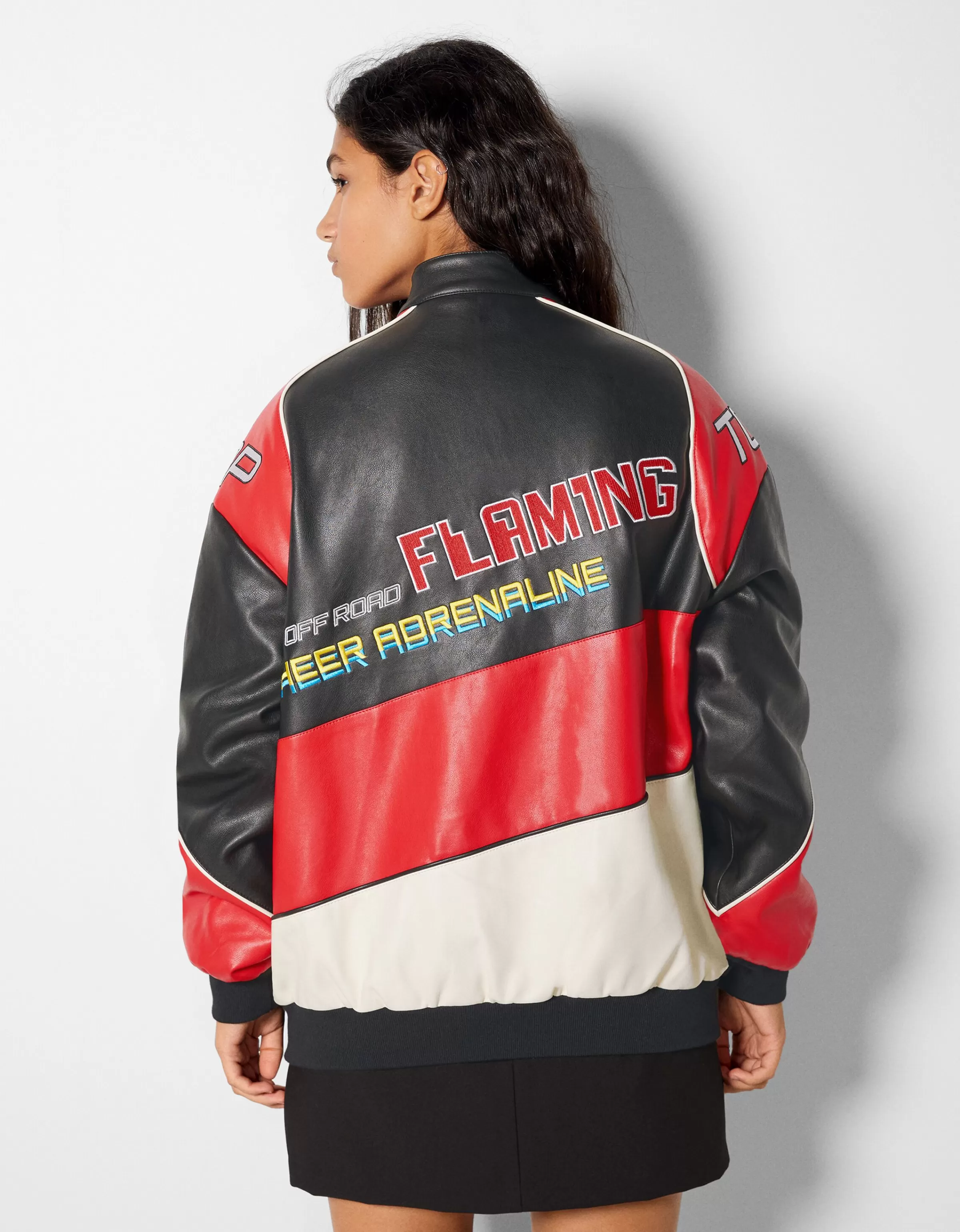 BERSHKA BSK Teen*Blouson bomber similicuir racing Rouge