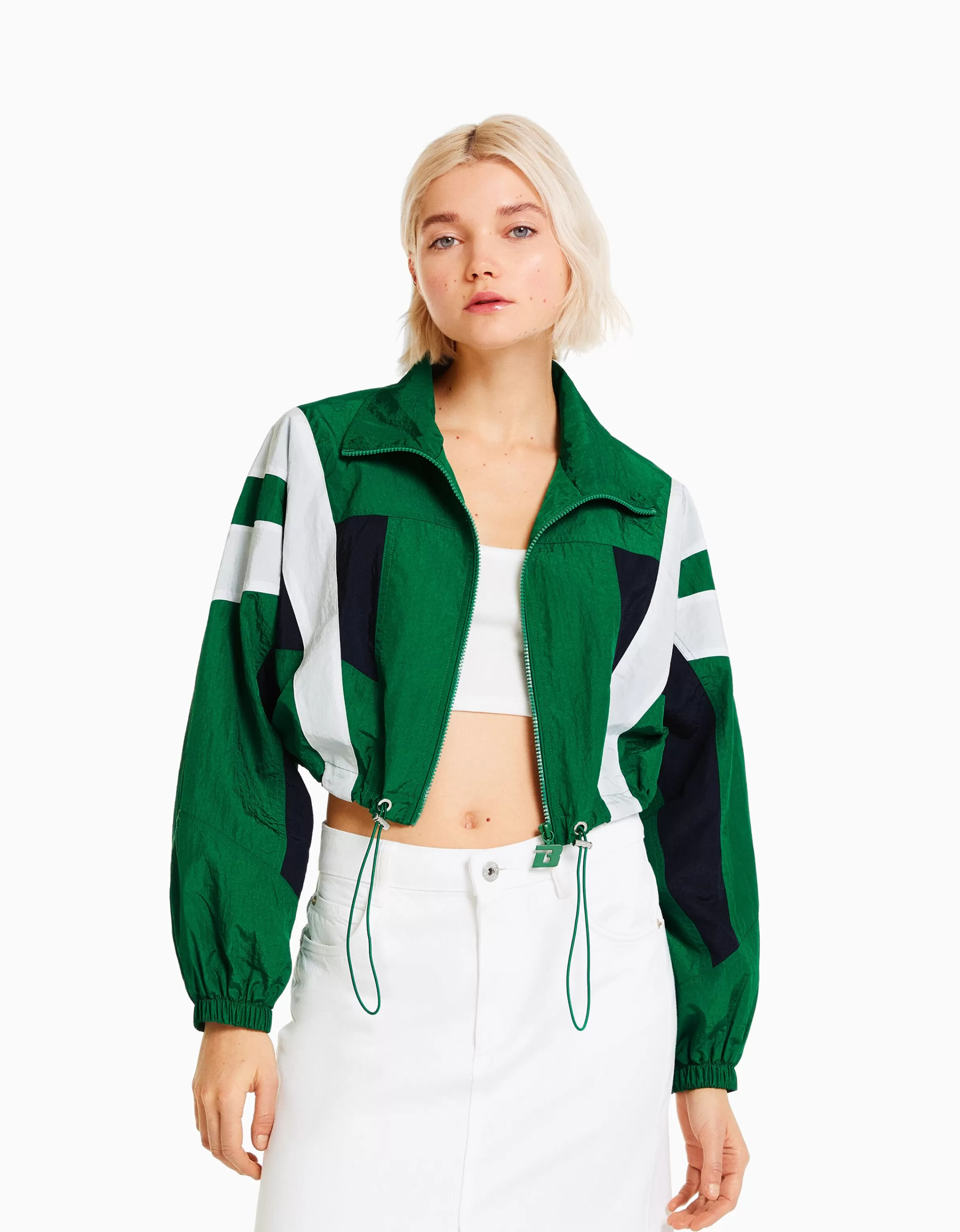BERSHKA Vêtements*Blouson cropped effet nylon color block Vert