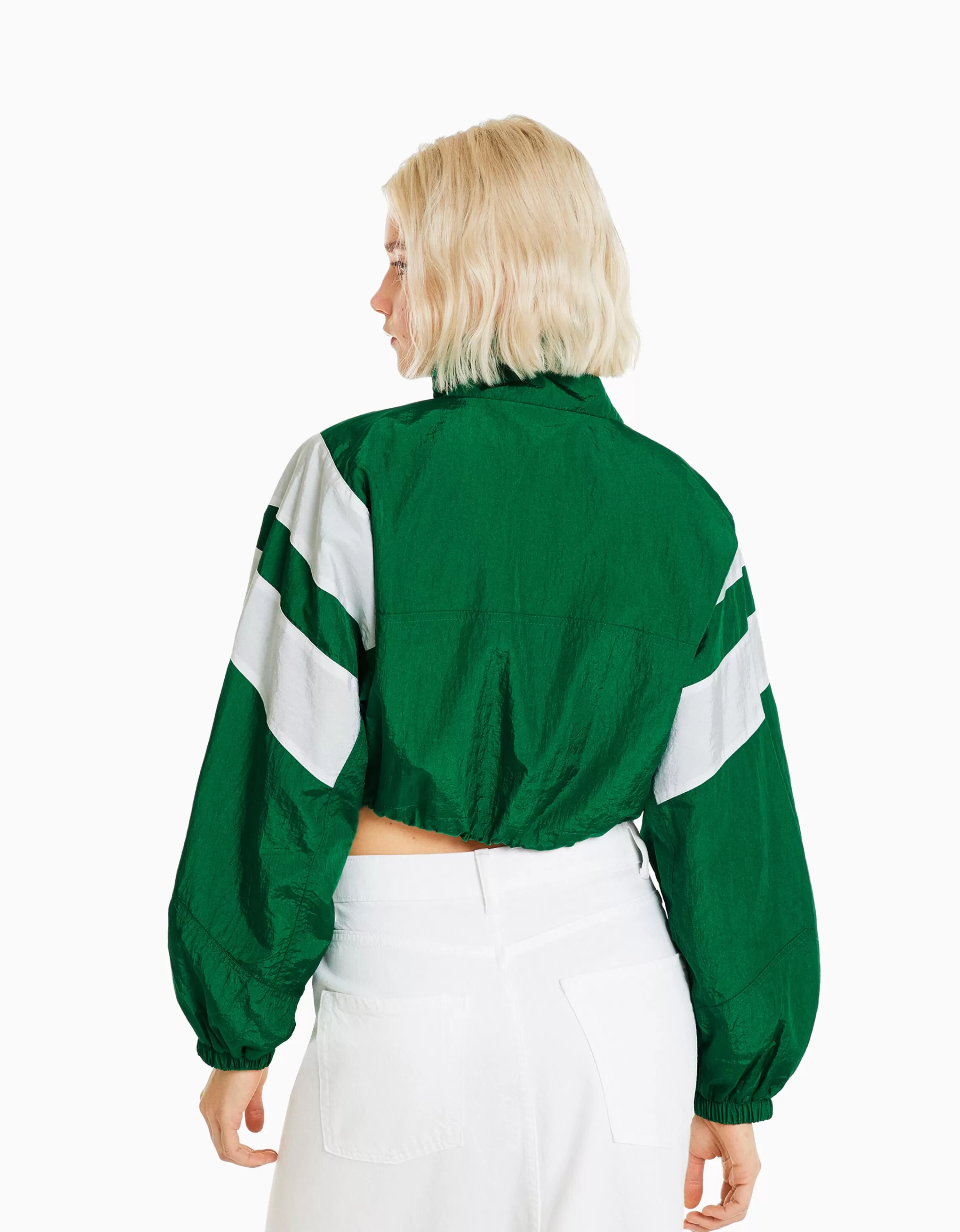 BERSHKA Vêtements*Blouson cropped effet nylon color block Vert