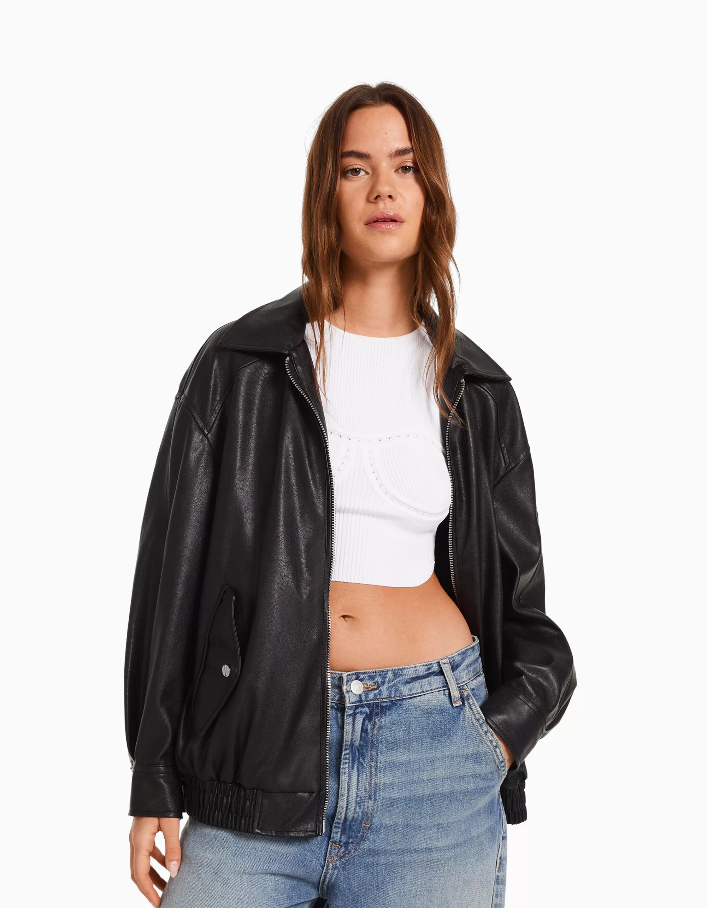 BERSHKA Vêtements*Blouson dad fit similicuir Noir