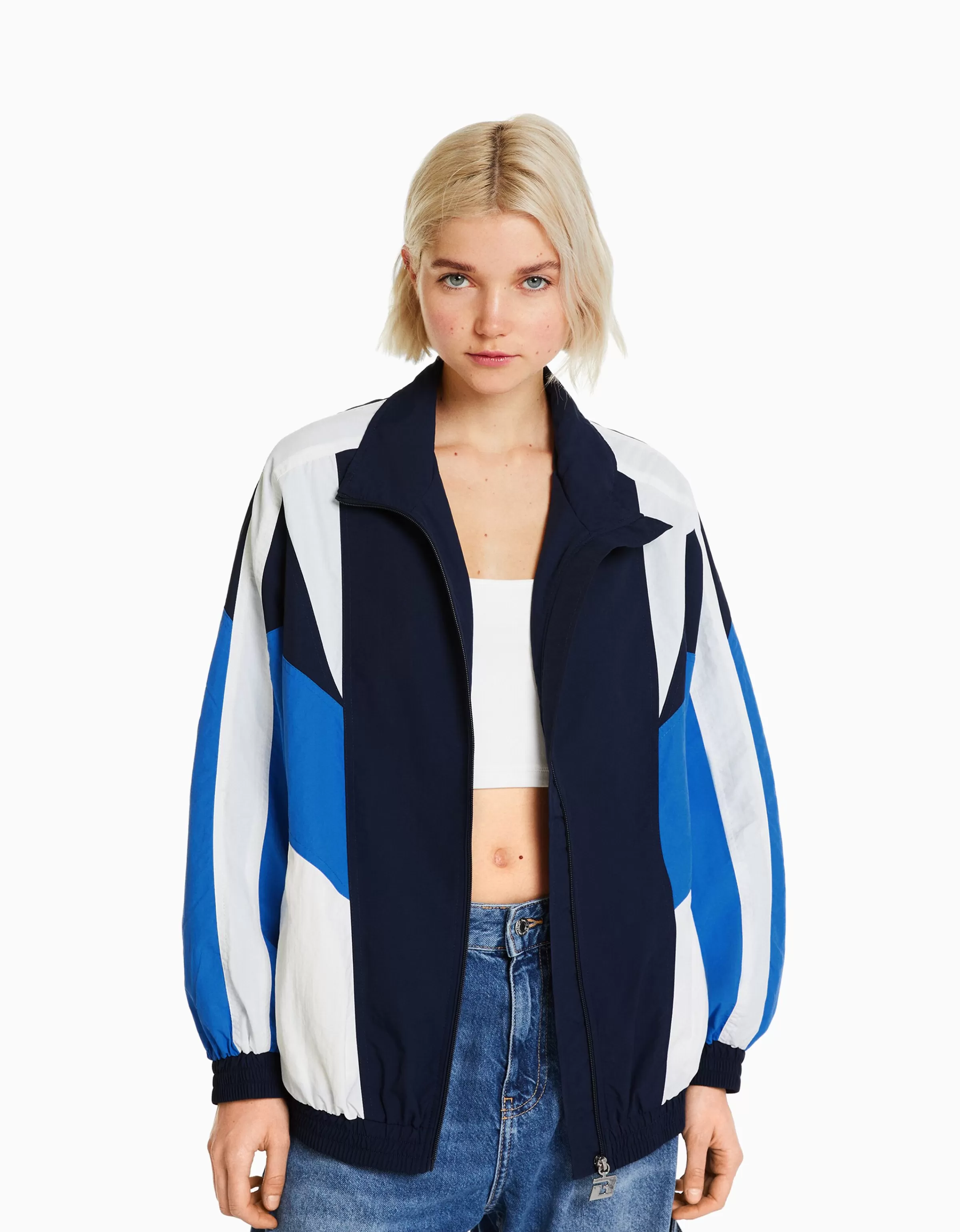 BERSHKA Vêtements*Blouson oversize effet nylon color block Bleu
