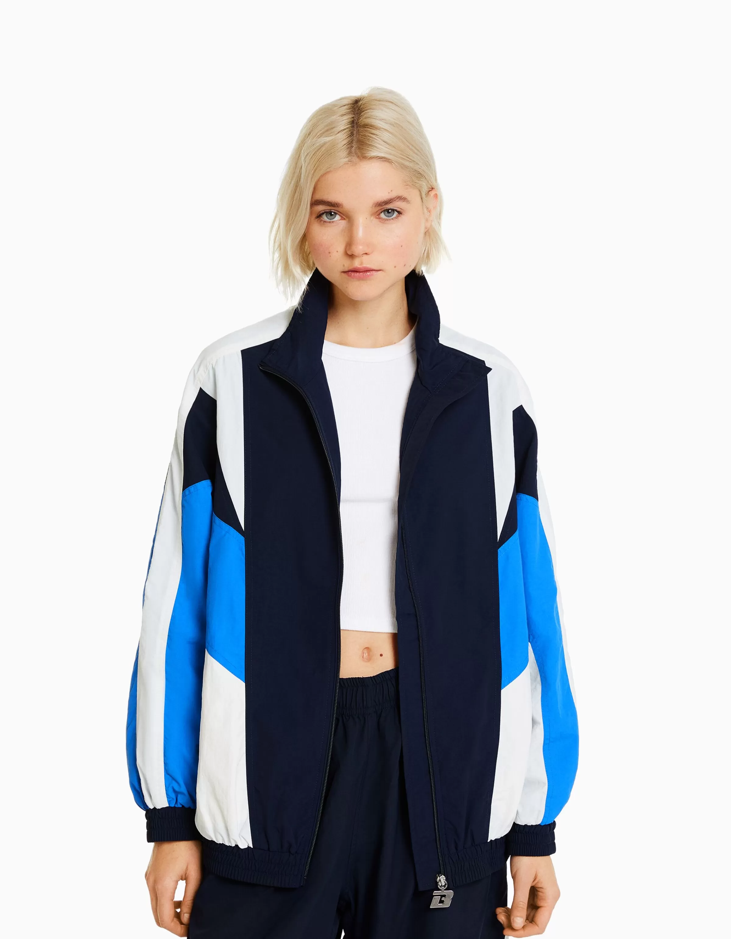 BERSHKA Vestes*Blouson oversize effet nylon color block Bleu