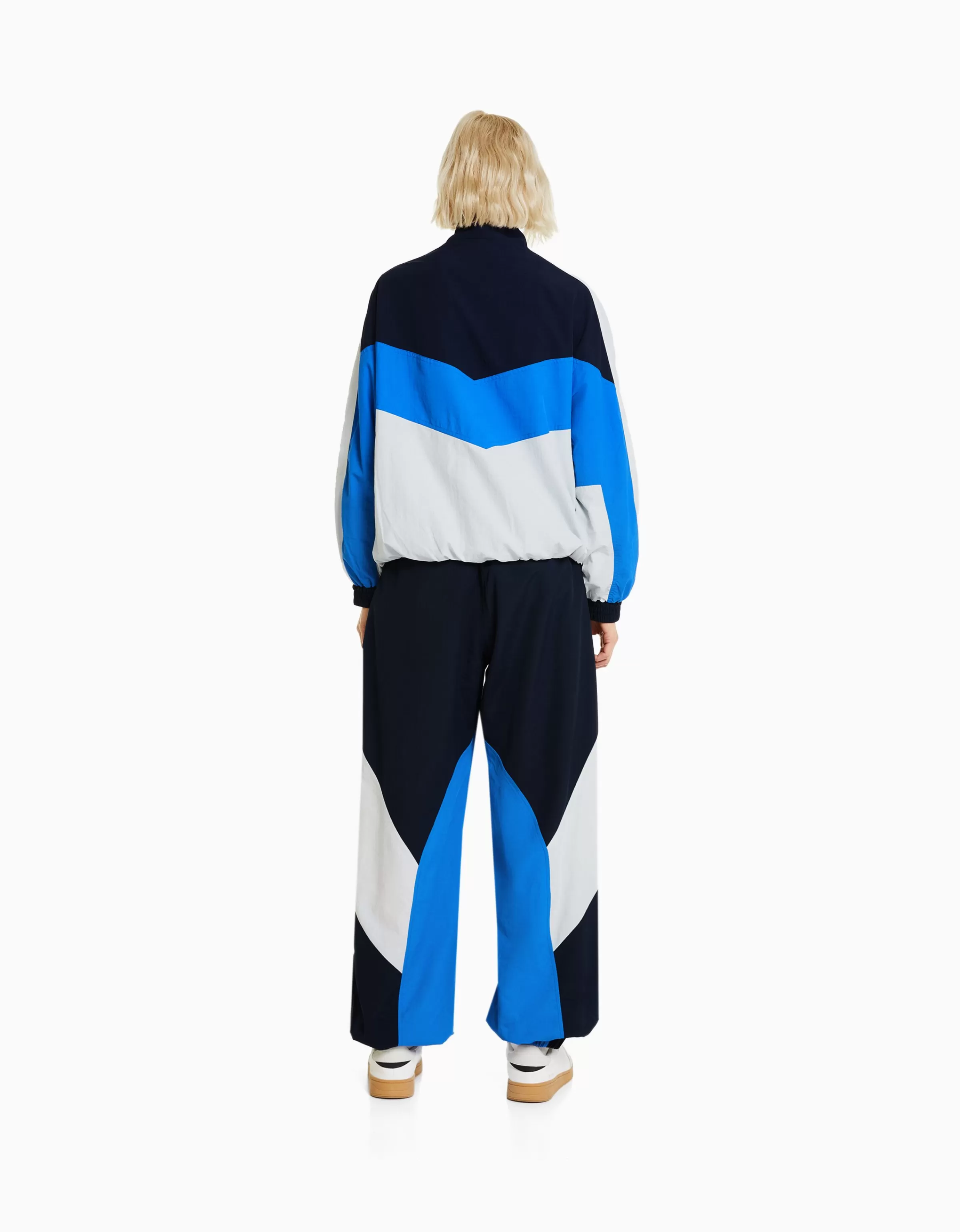 BERSHKA Vestes*Blouson oversize effet nylon color block Bleu