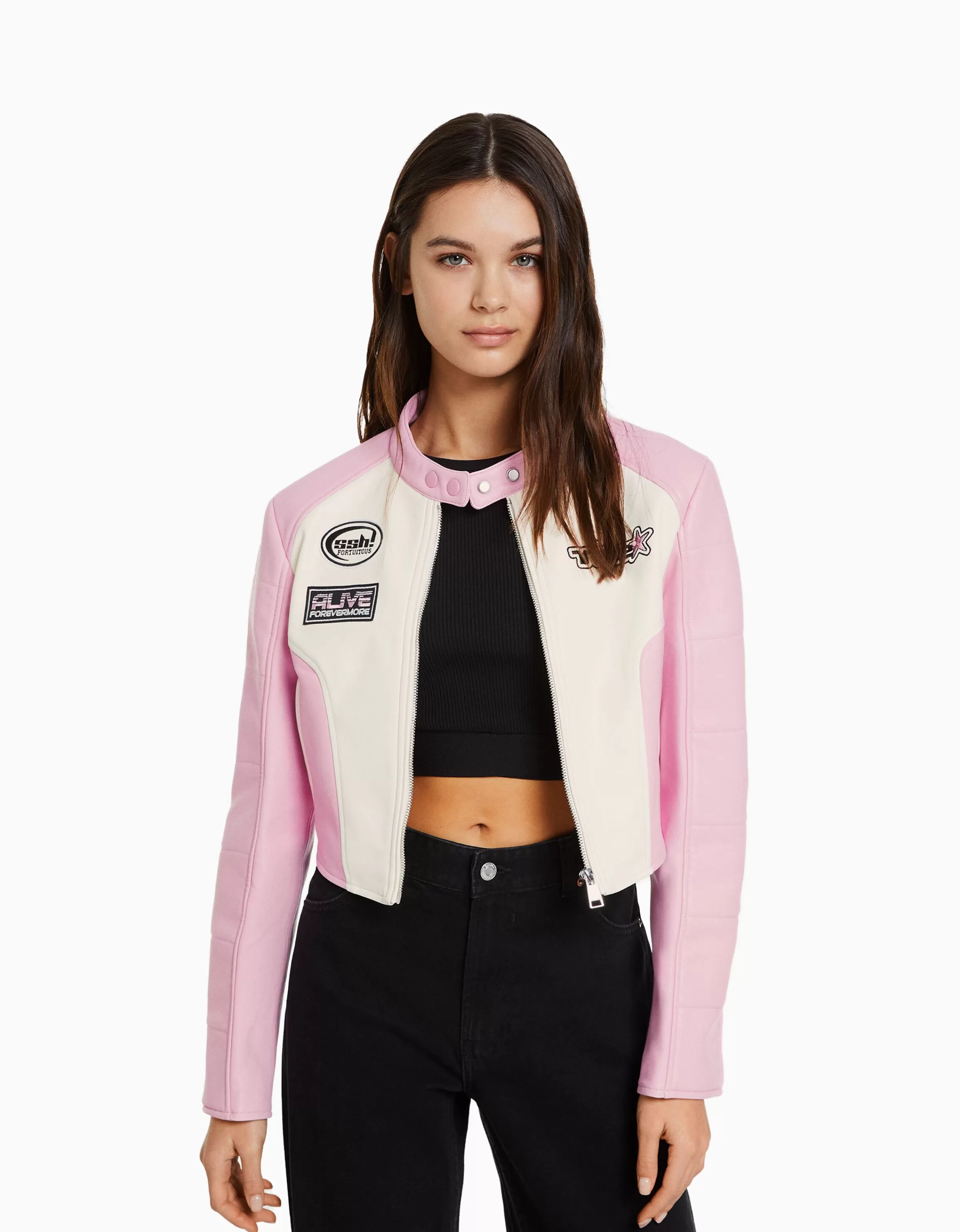 BERSHKA Vestes*Blouson racing cropped similicuir Rose