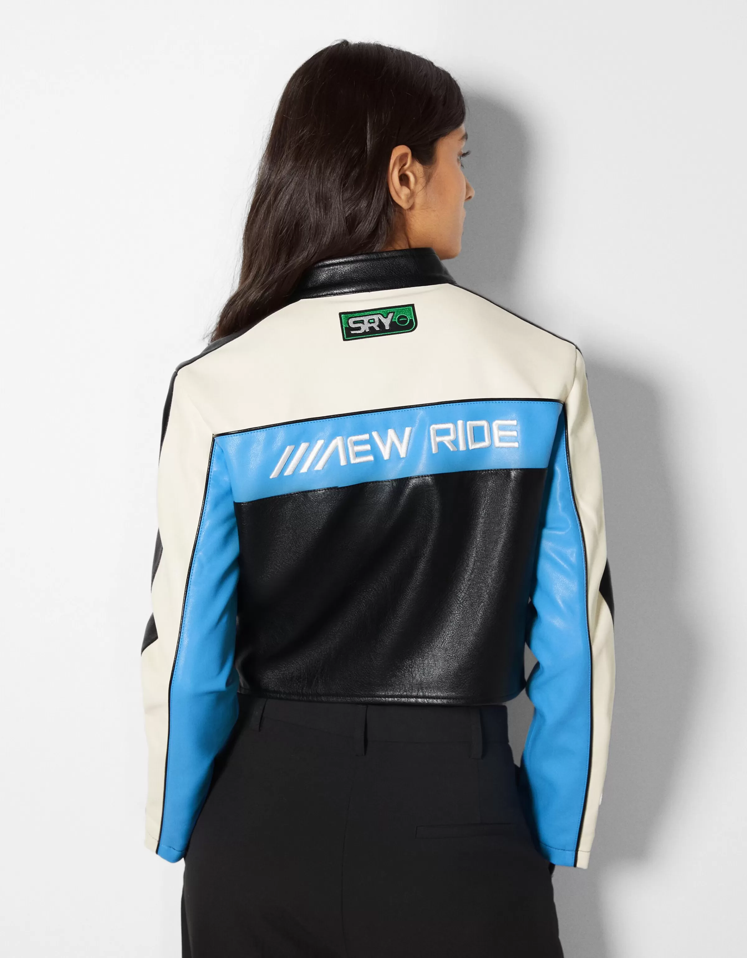 BERSHKA Vestes*Blouson racing similicuir Bleu