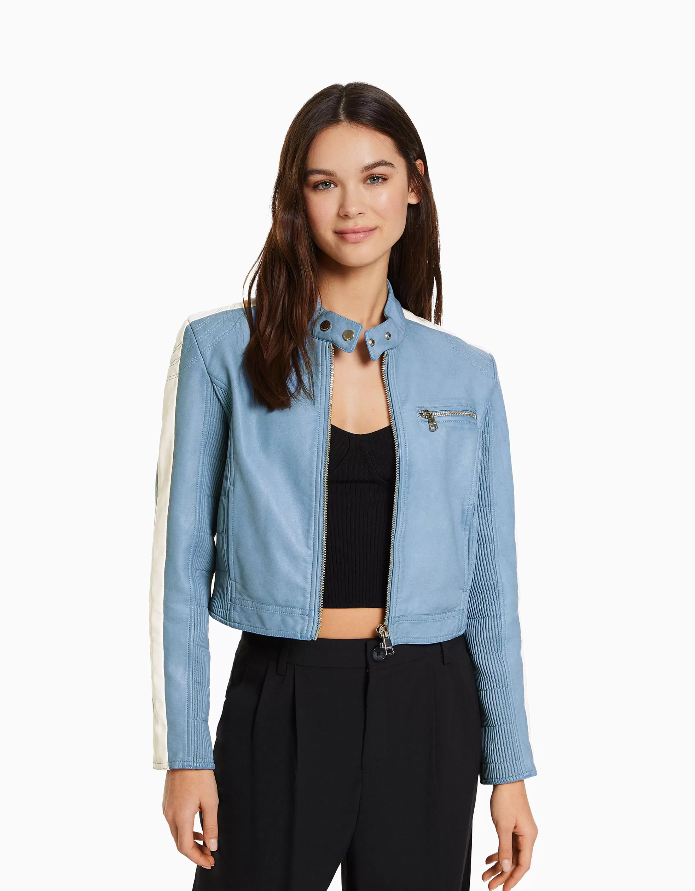 BERSHKA Vestes*Blouson similicuir effet usé bande latérale Bleu clair