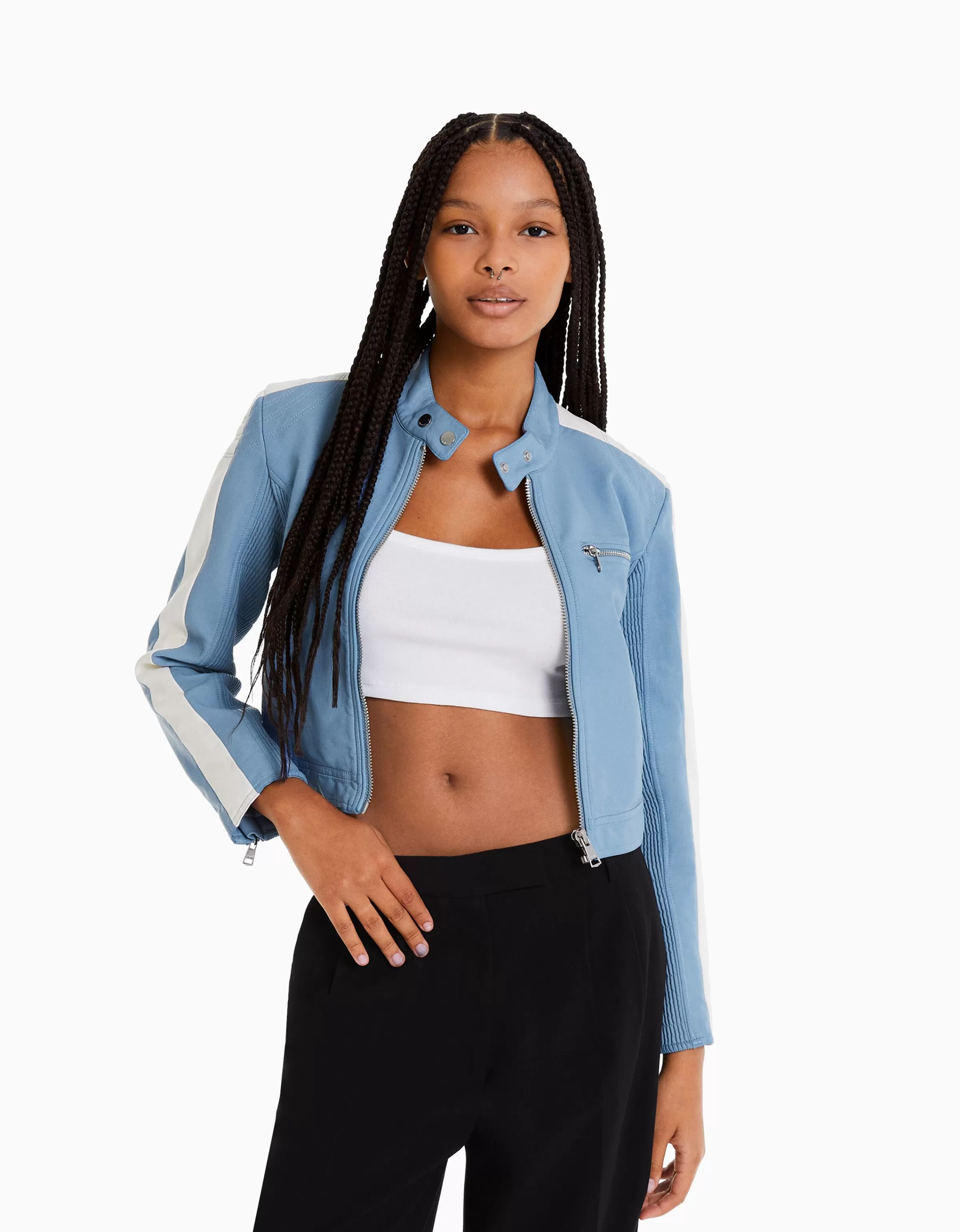 BERSHKA Similicuir*Blouson similicuir effet usé bande latérale Bleu clair