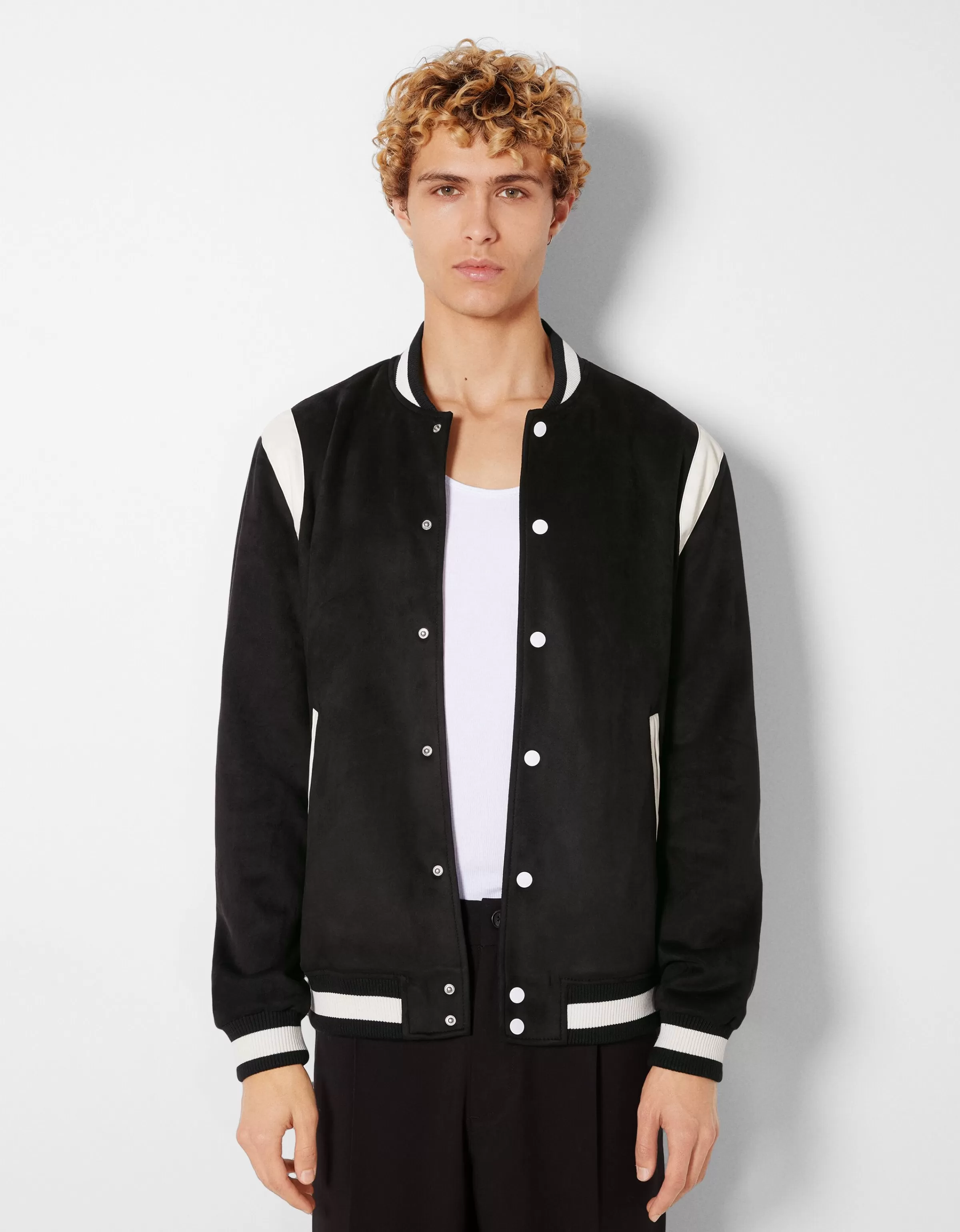 BERSHKA Basiques*Blouson suédine et similicuir Écru