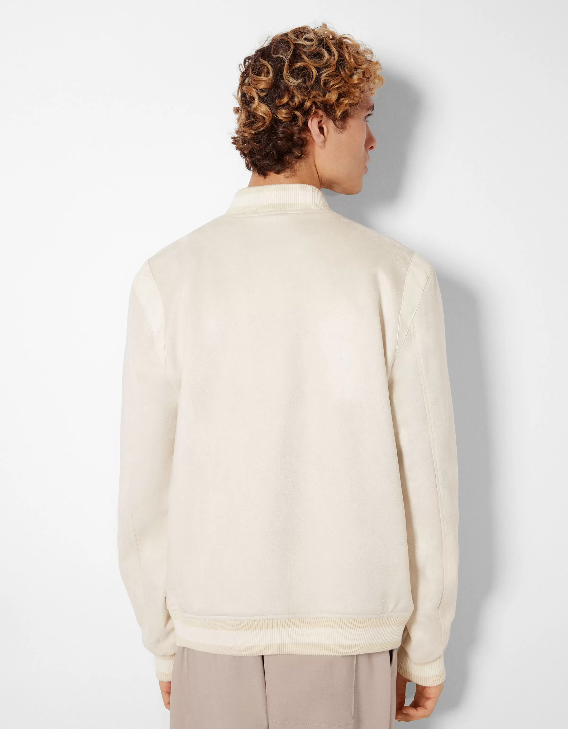 BERSHKA Basiques*Blouson suédine et similicuir Écru