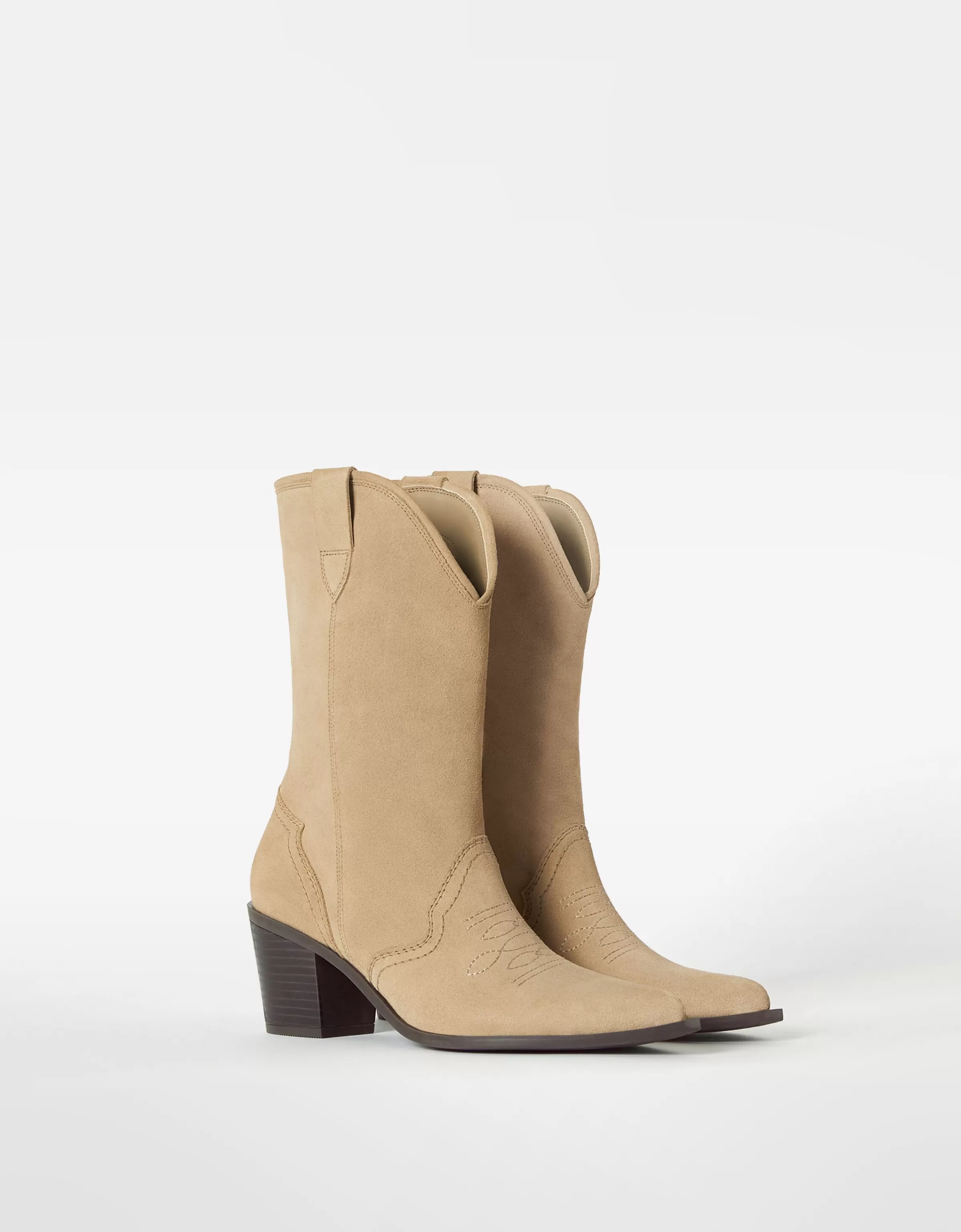 BERSHKA Similicuir*Bottes cowboy talon CUIR Sable