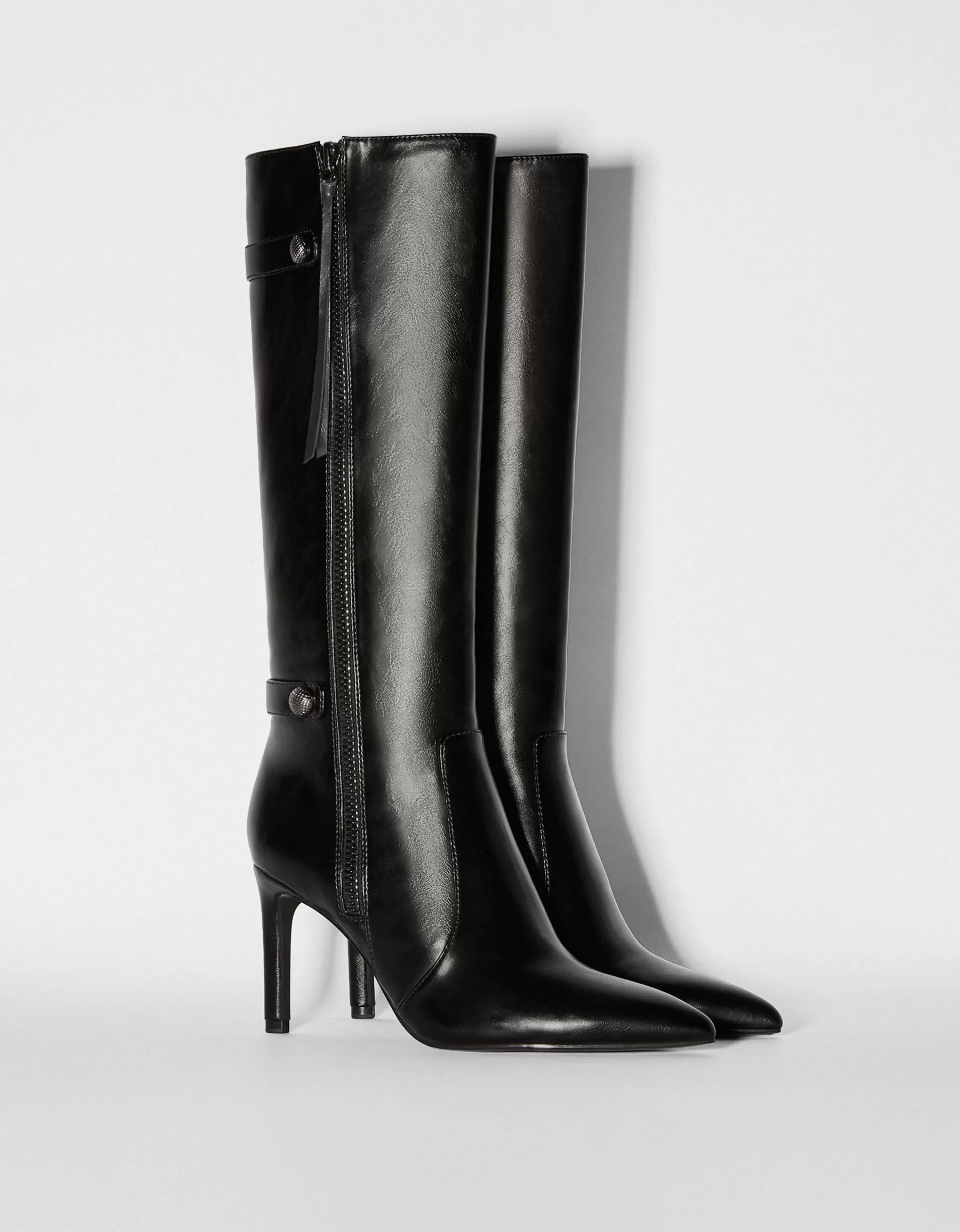 BERSHKA Bottes*Bottes talon aiguille détails métallisés Noir