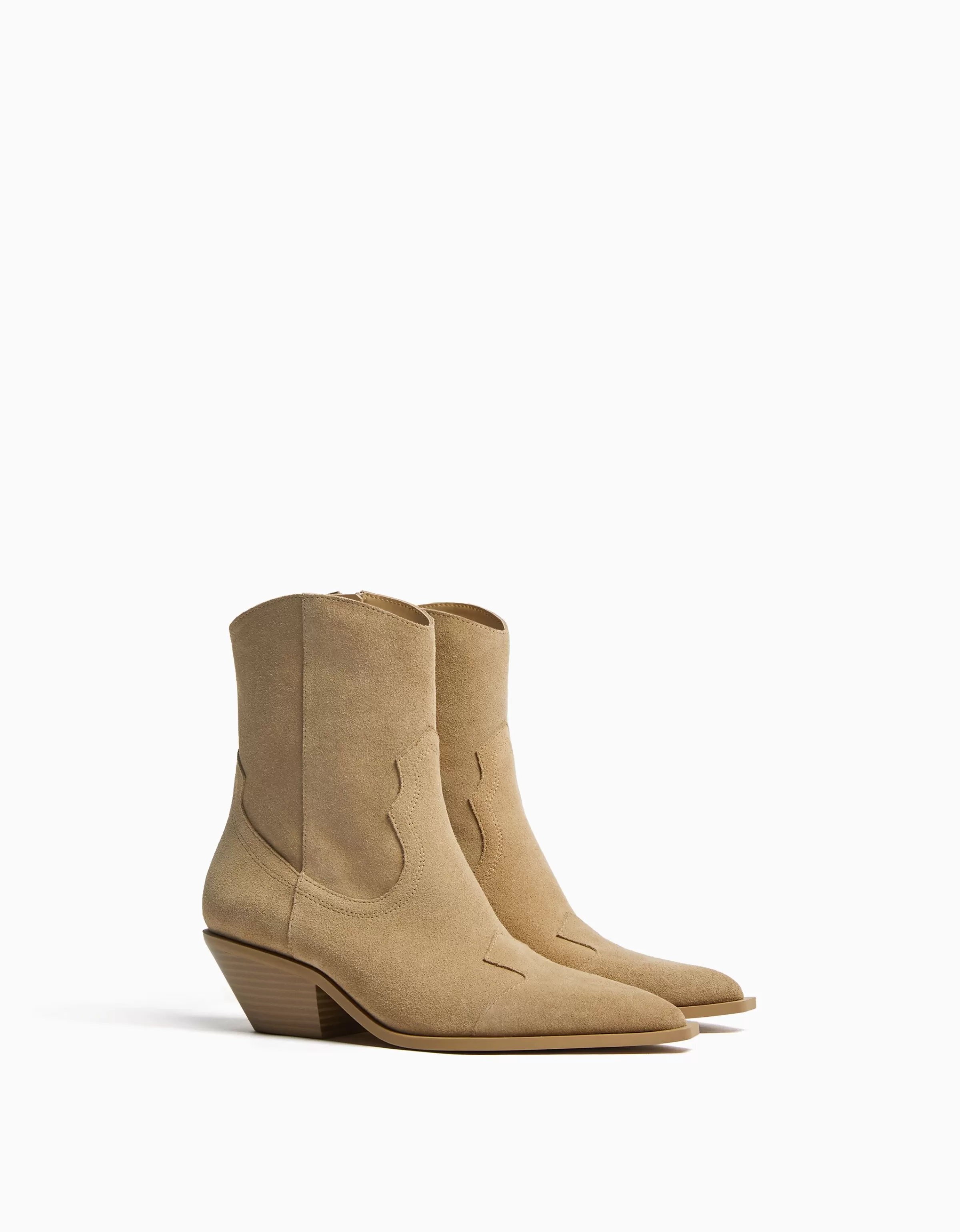 BERSHKA Cowboy*Bottines cowboy à talon CUIR Sable