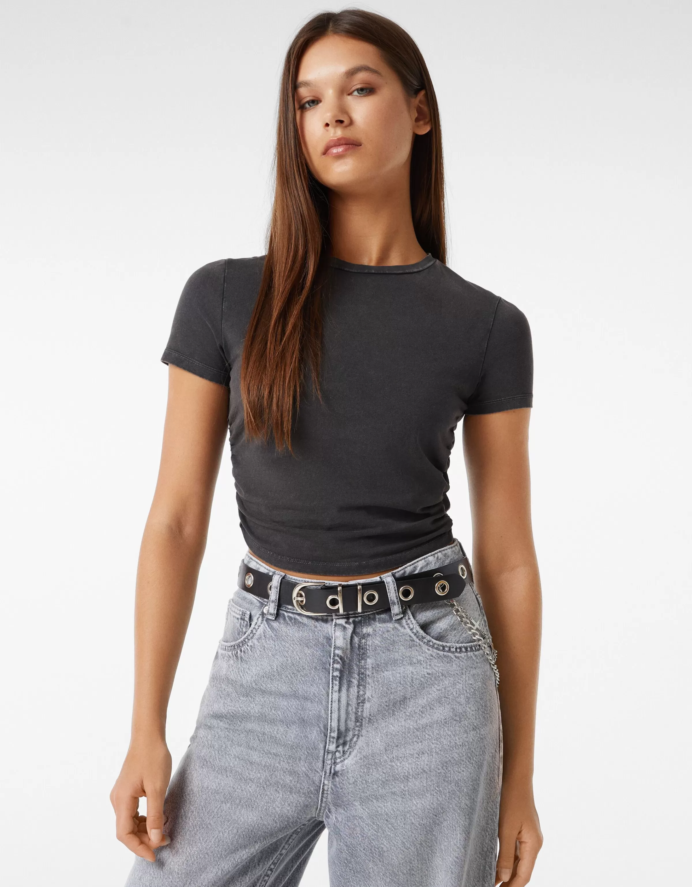 BERSHKA Similicuir*Ceinture chaîne œillets croix Noir