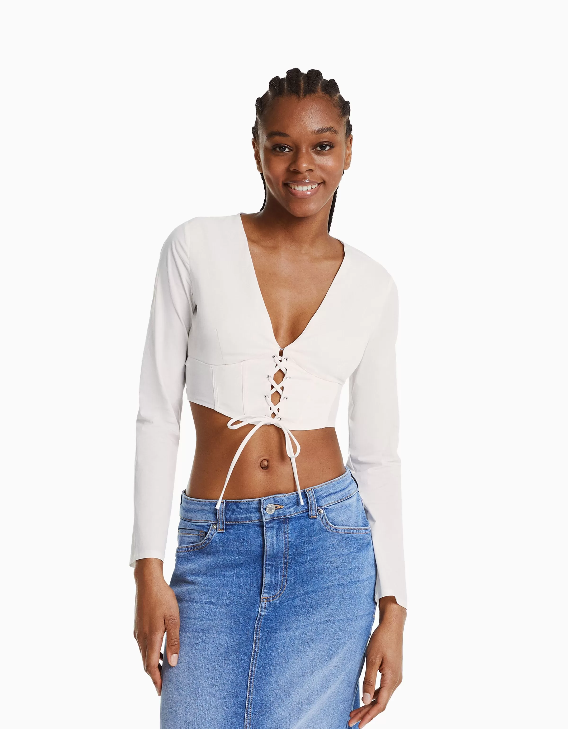 BERSHKA Chemises et blouses*Chemise corset moulante manches longues popeline laçage Blanc