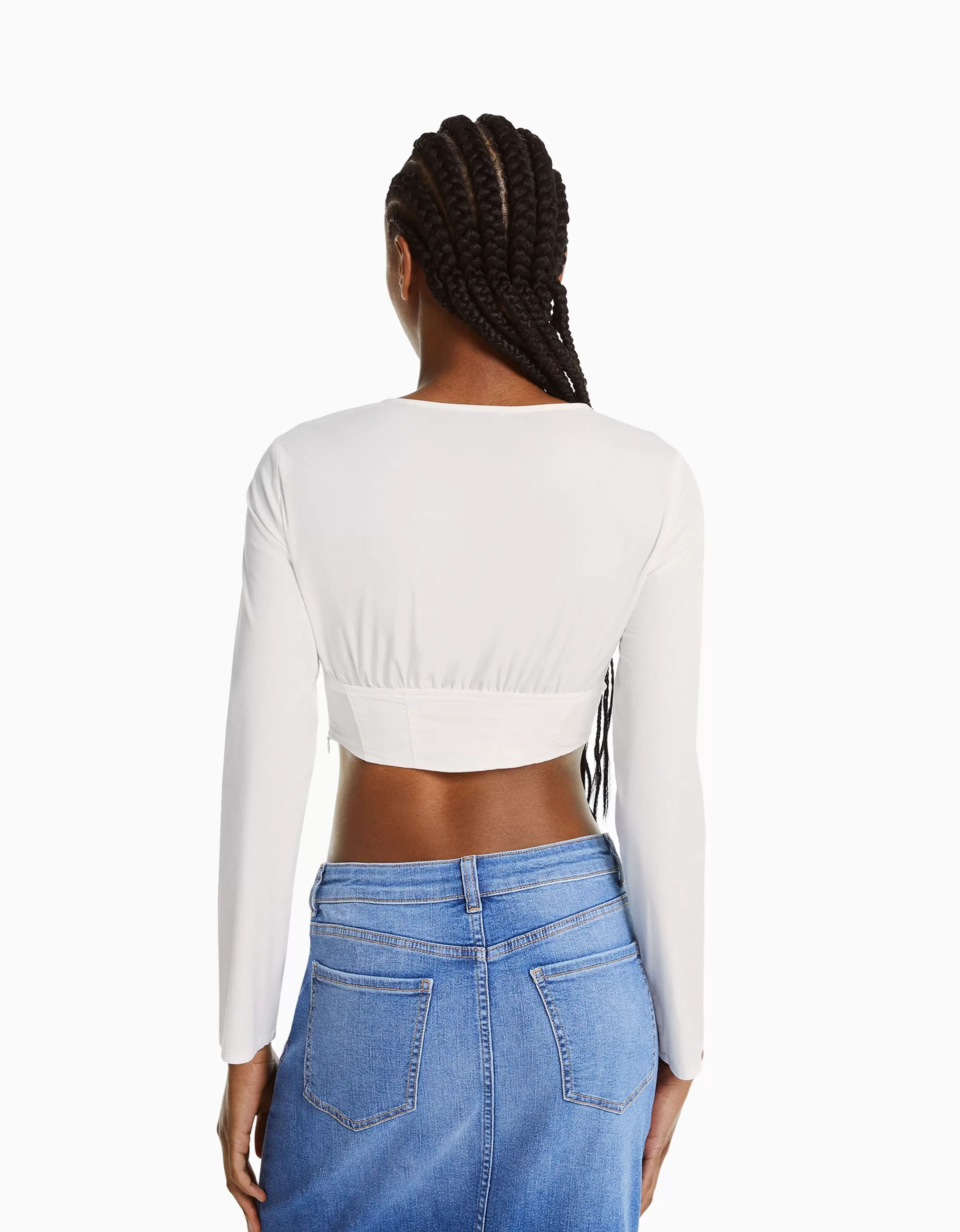 BERSHKA Chemises et blouses*Chemise corset moulante manches longues popeline laçage Blanc