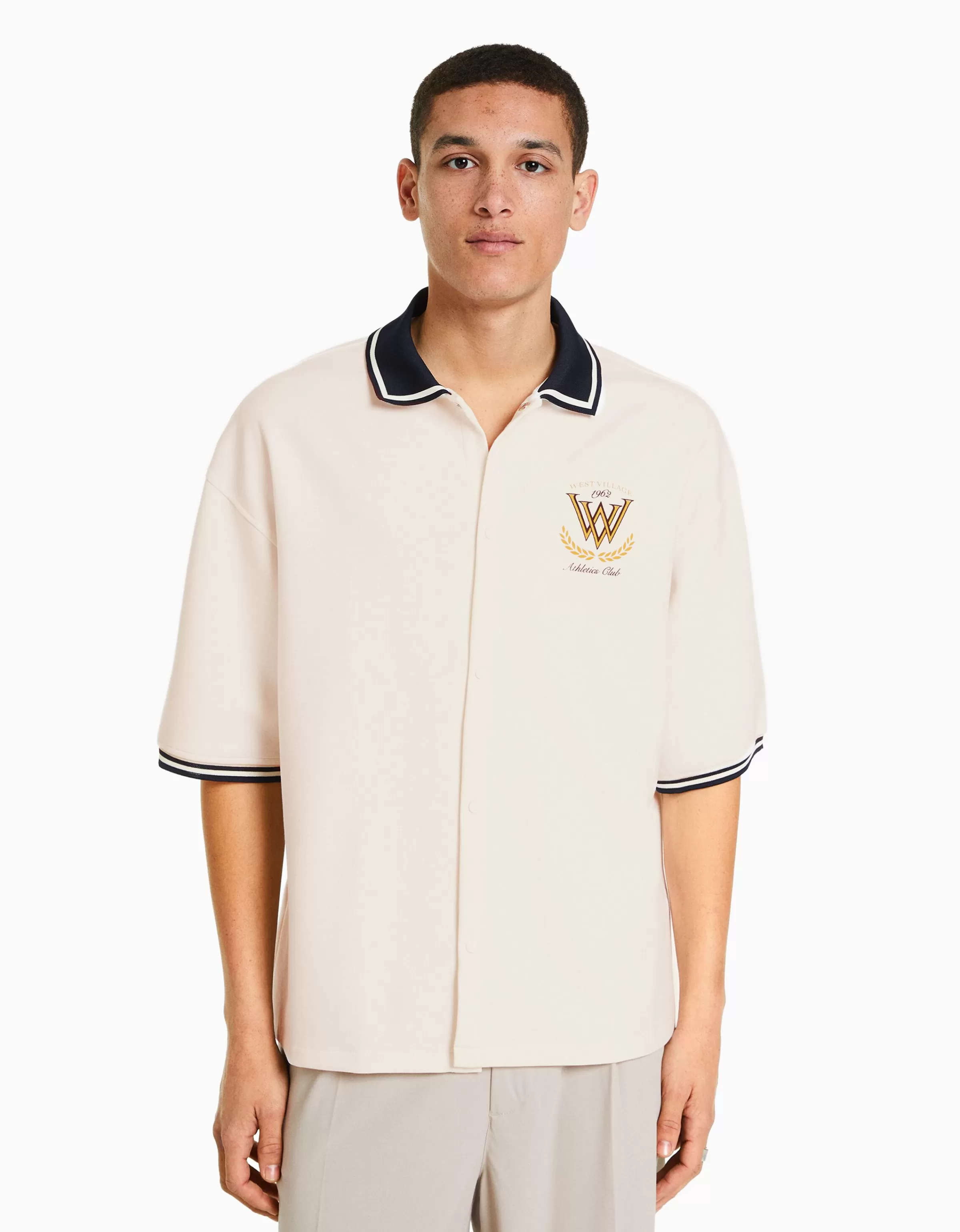 BERSHKA Vêtements*Chemise manches courtes col bord-côte Blanc