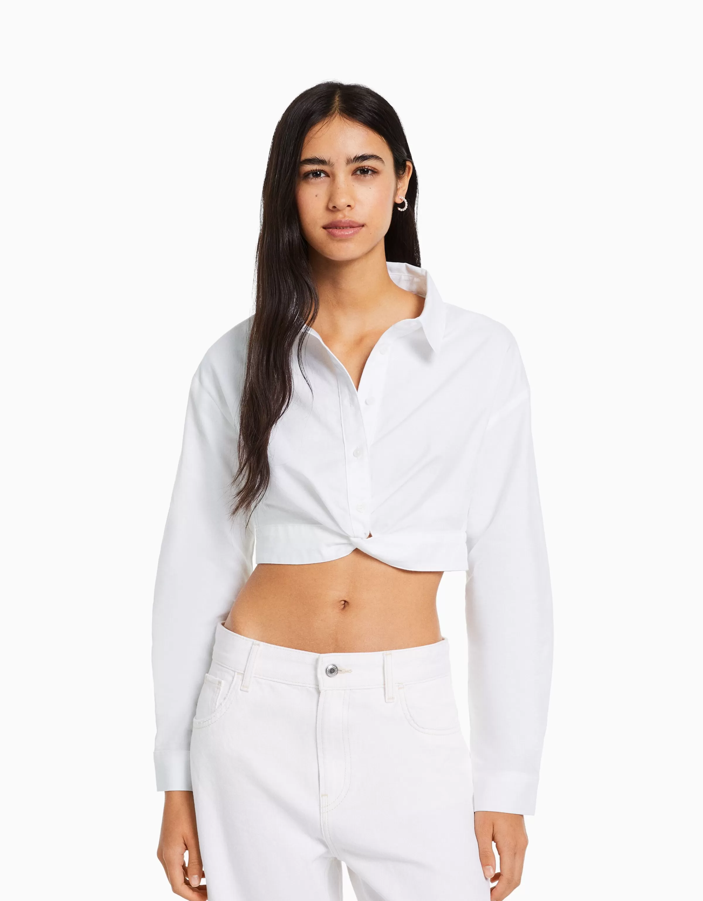 BERSHKA Vêtements*Chemise manches longues croisée devant Blanc