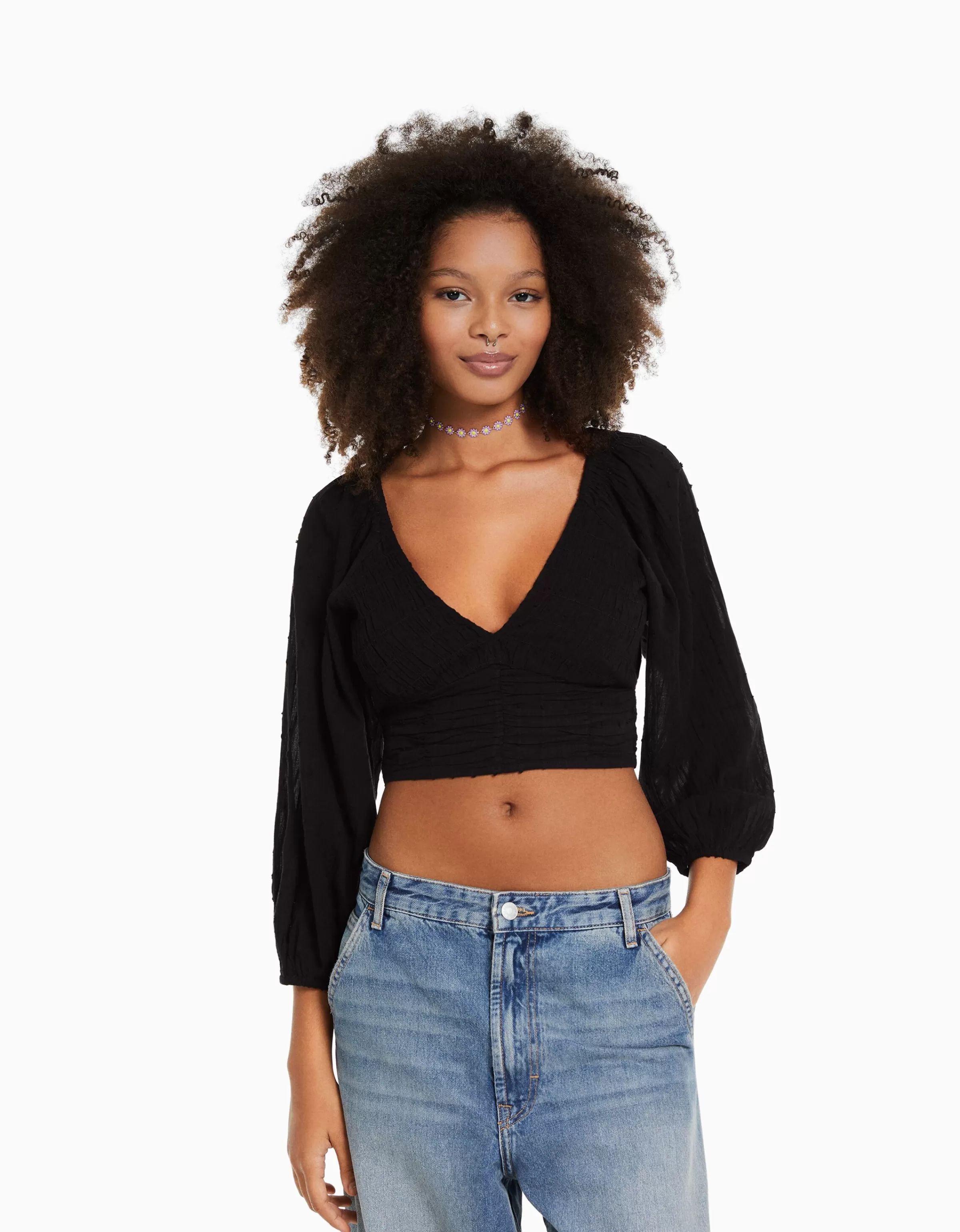 BERSHKA Chemises et blouses*Chemisier manches longues volume col V Blanc cassé