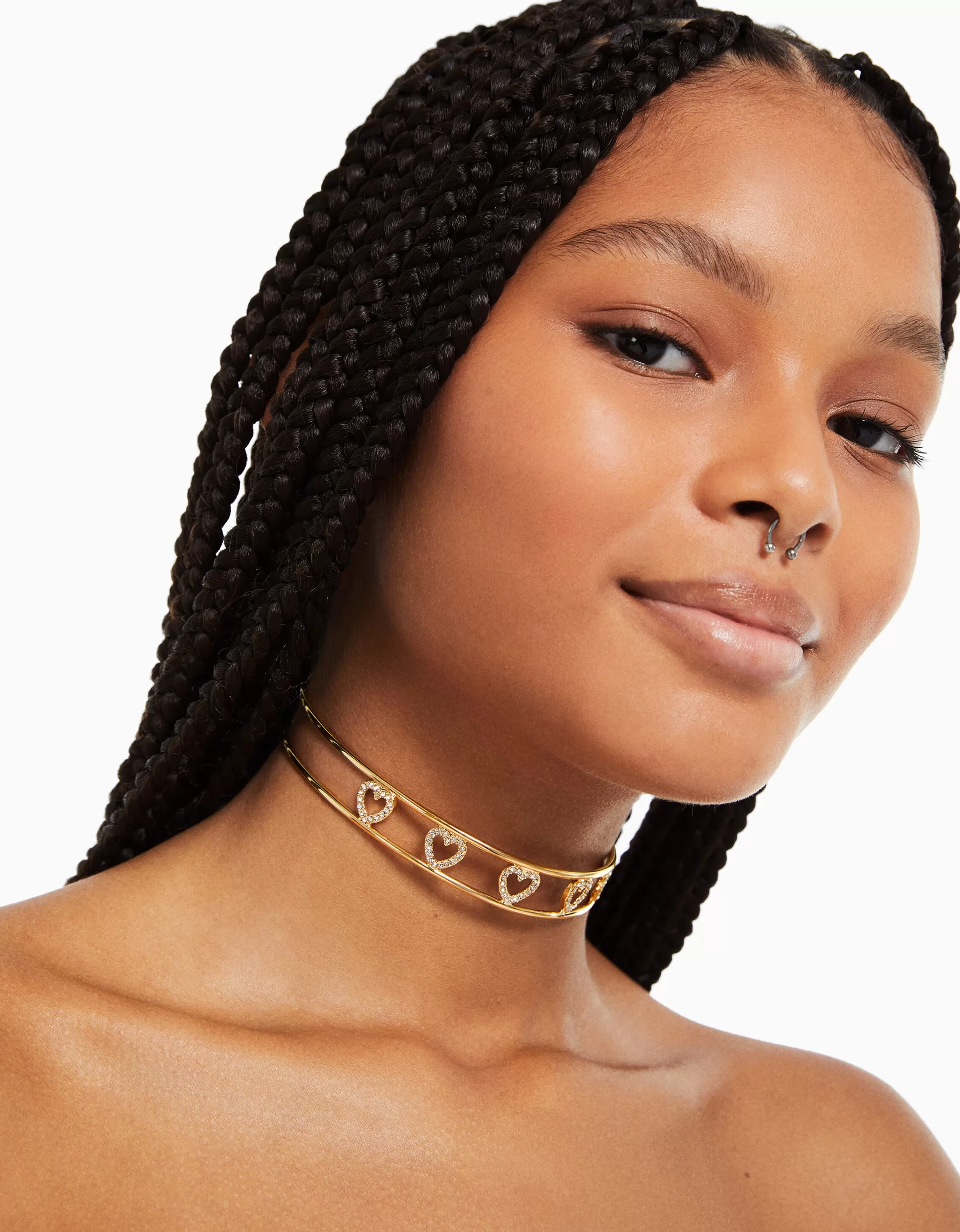 BERSHKA Tout voir*Collier ras du cou rigide cœurs pierres fantaisie Or