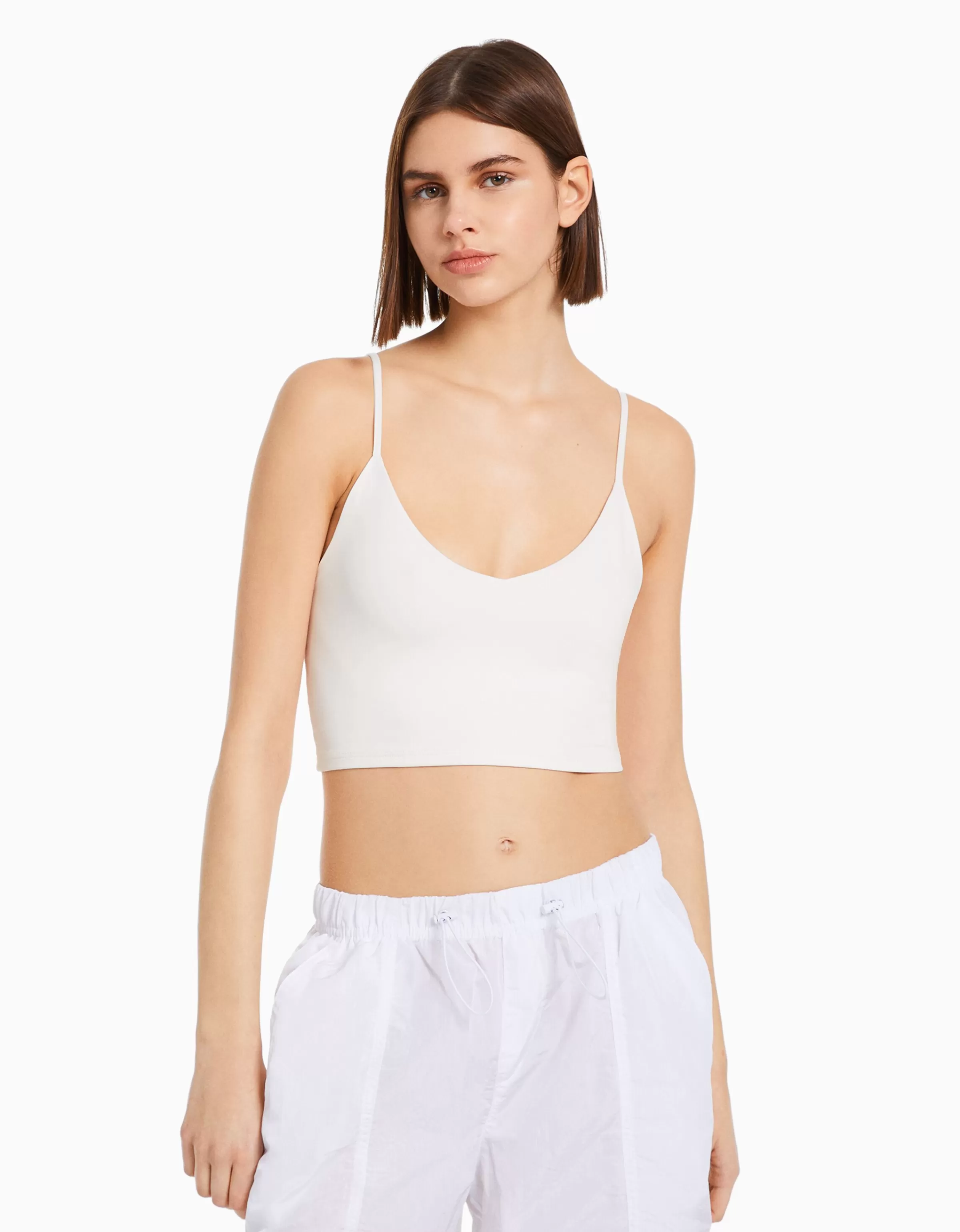 BERSHKA Tops et corsets*Crop top bretelles fines Blanc