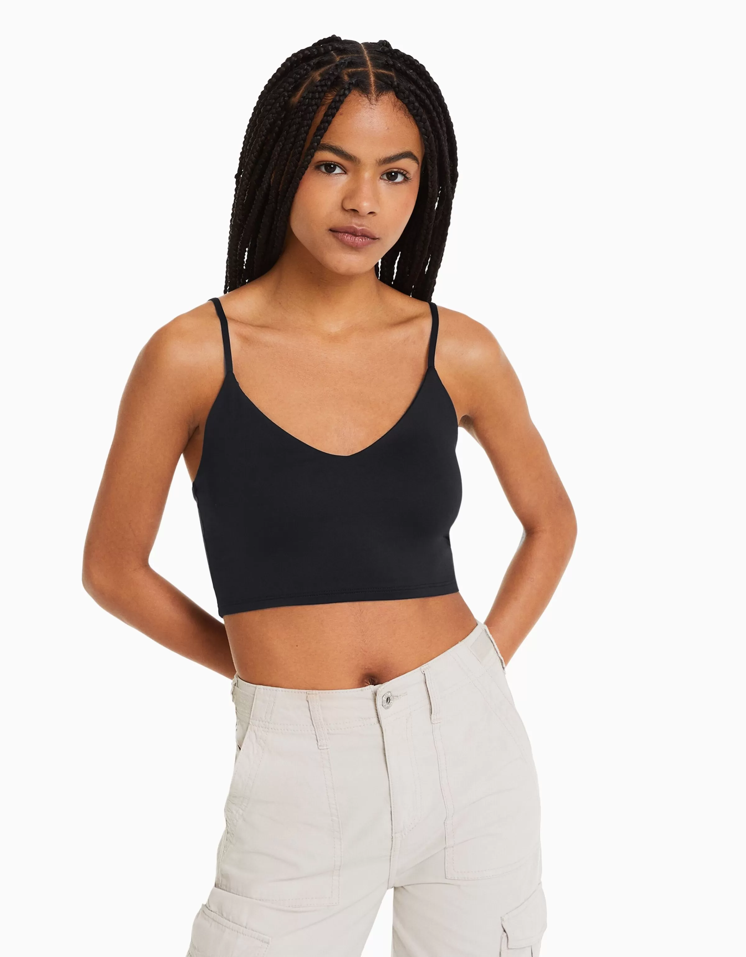 BERSHKA Tops et corsets*Crop top bretelles fines Blanc