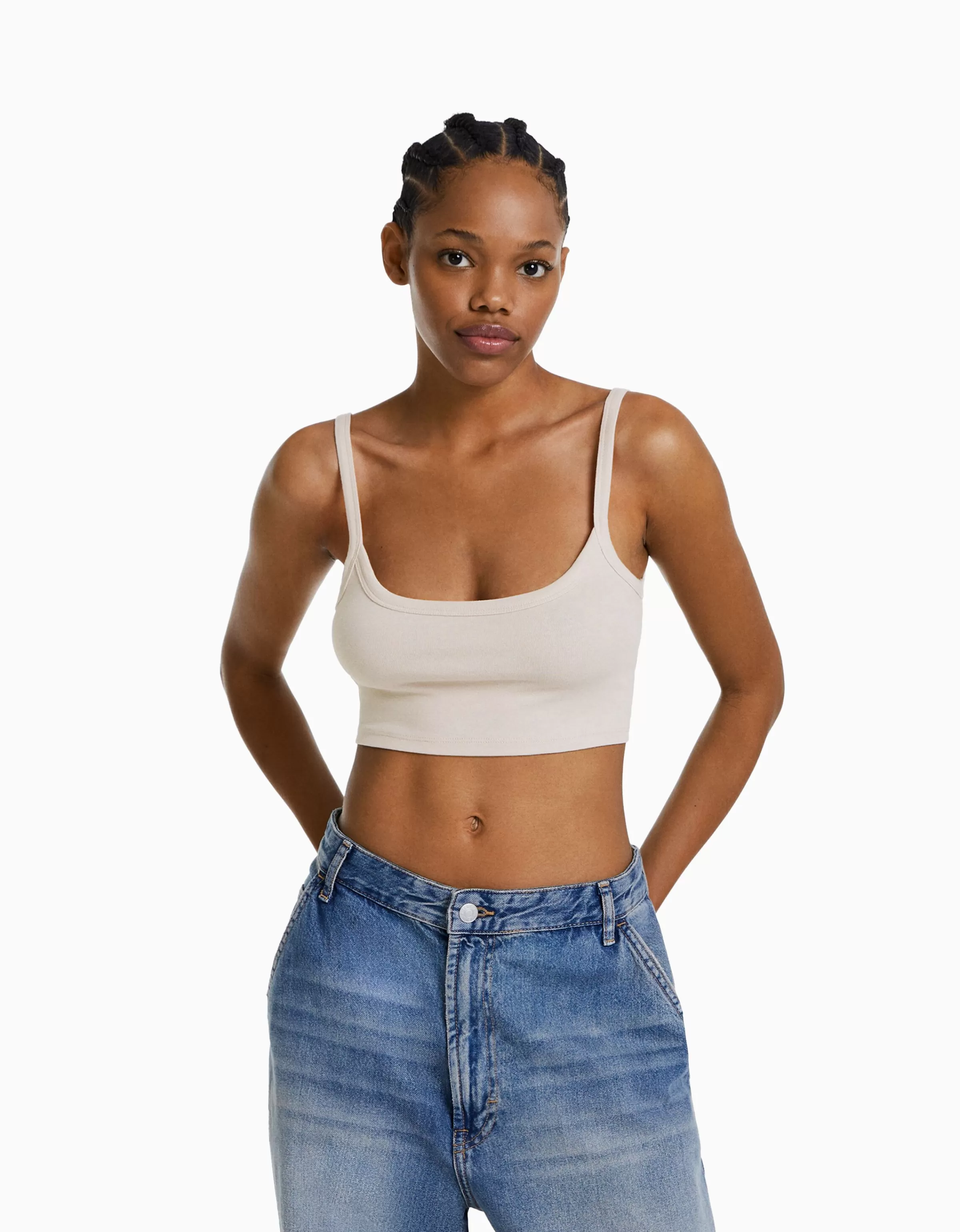 BERSHKA Personnalisables*Crop top bretelles larges Sable