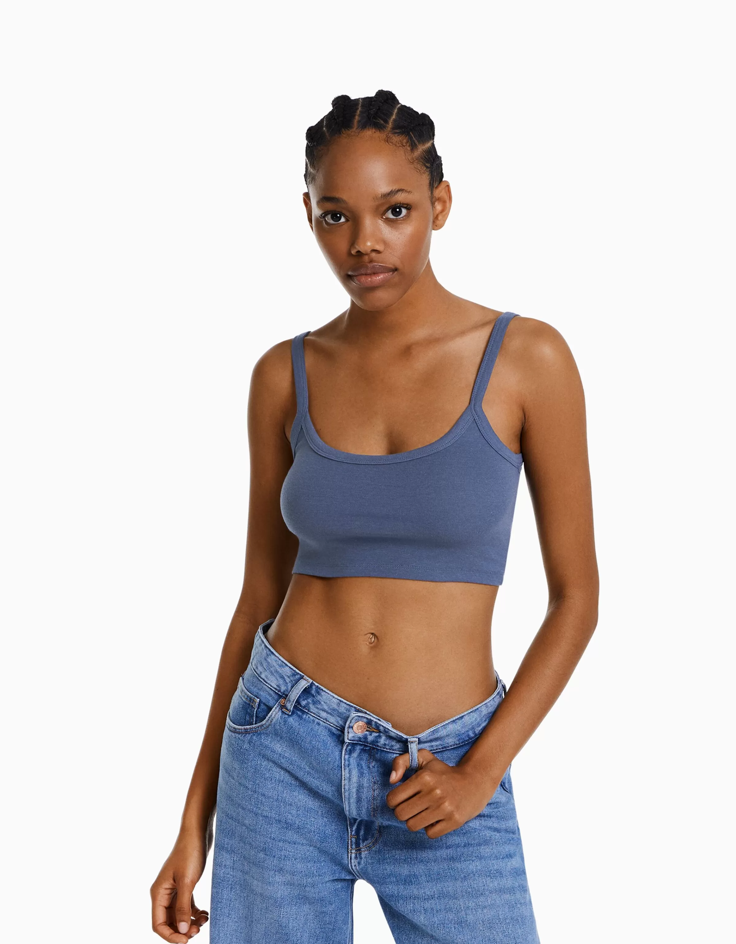 BERSHKA Tops et corsets*Crop top bretelles larges Bleu lavé