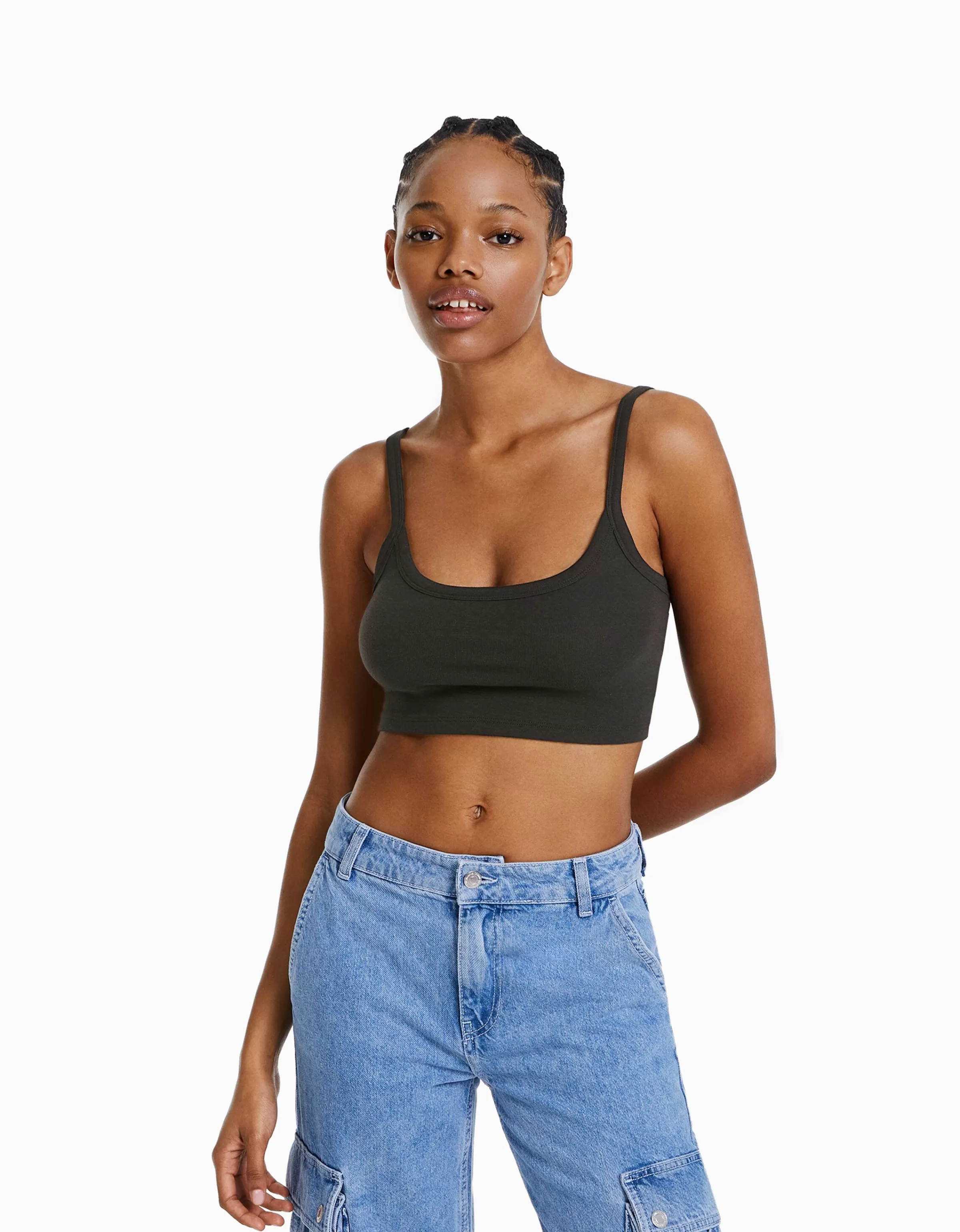 BERSHKA Tops et corsets*Crop top bretelles larges Gris