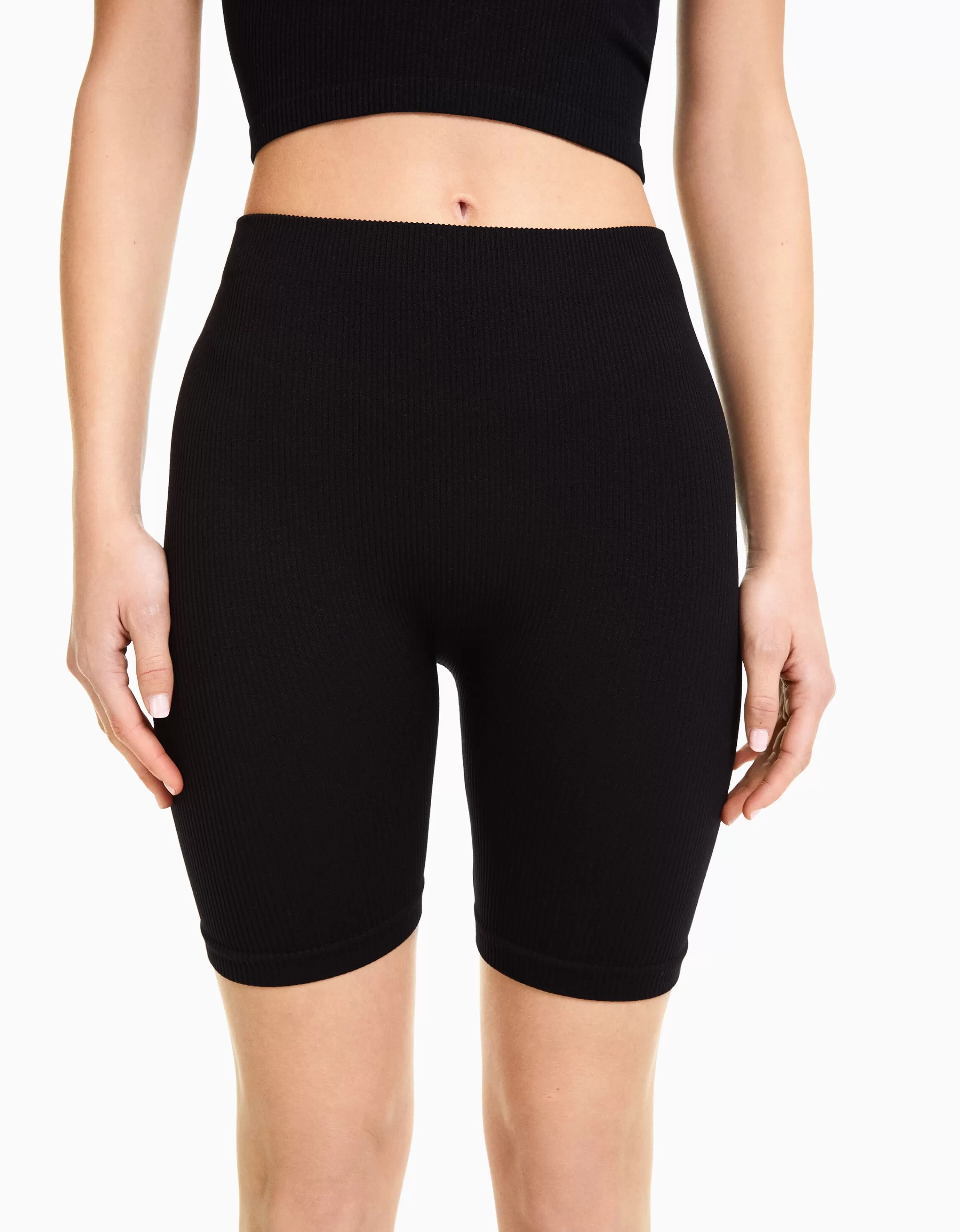 BERSHKA Pantalons*Cycliste seamless bord-côte Noir