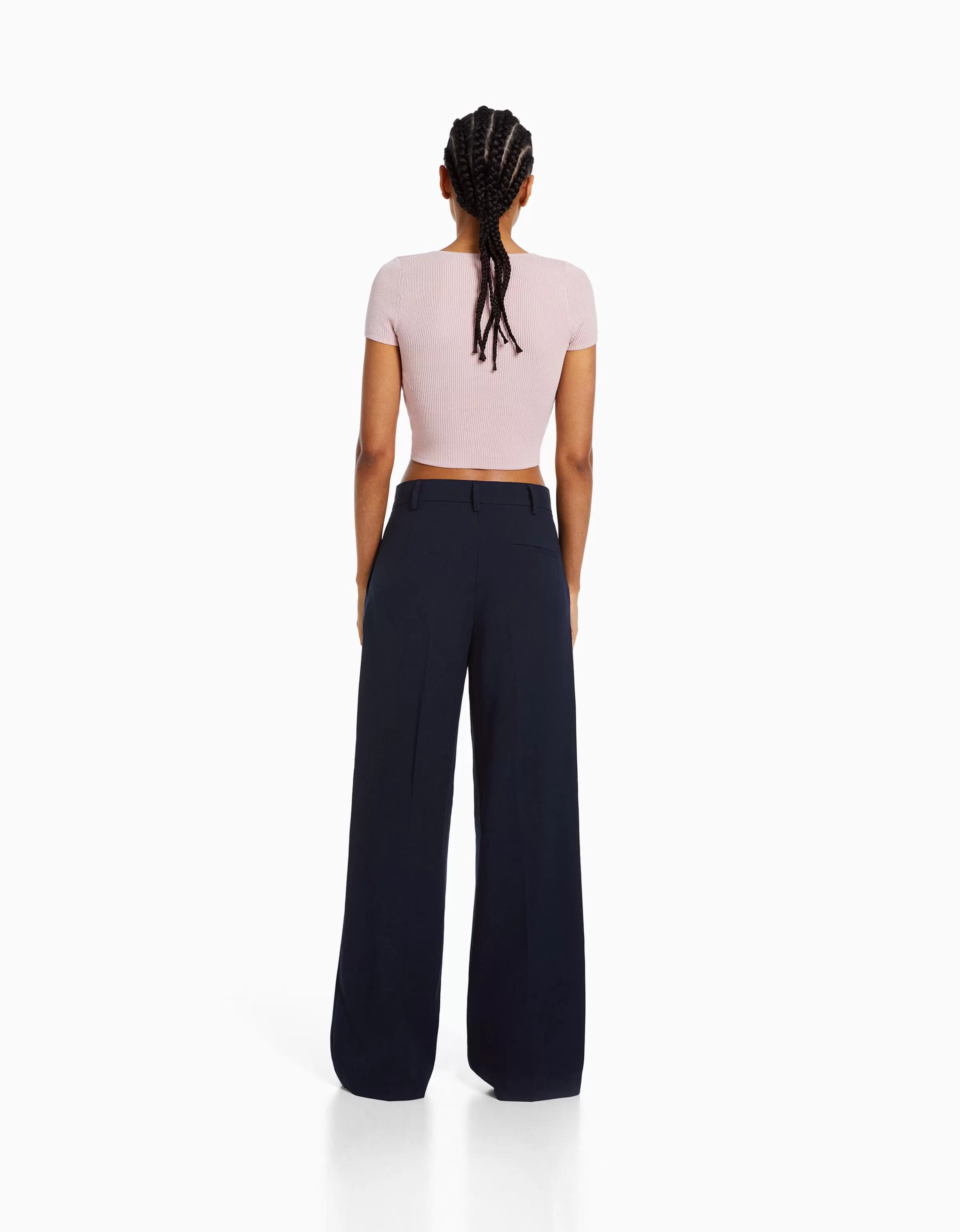 BERSHKA Pantalons*Dad fit - Pantalon tailoring wide leg Marine