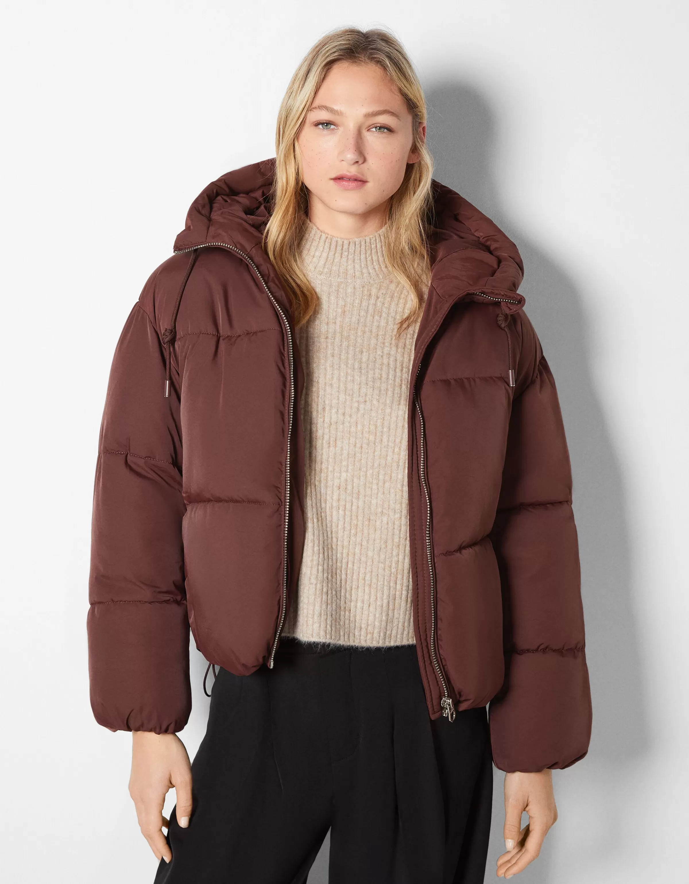 BERSHKA Vestes*Doudoune capuche oversize Marron