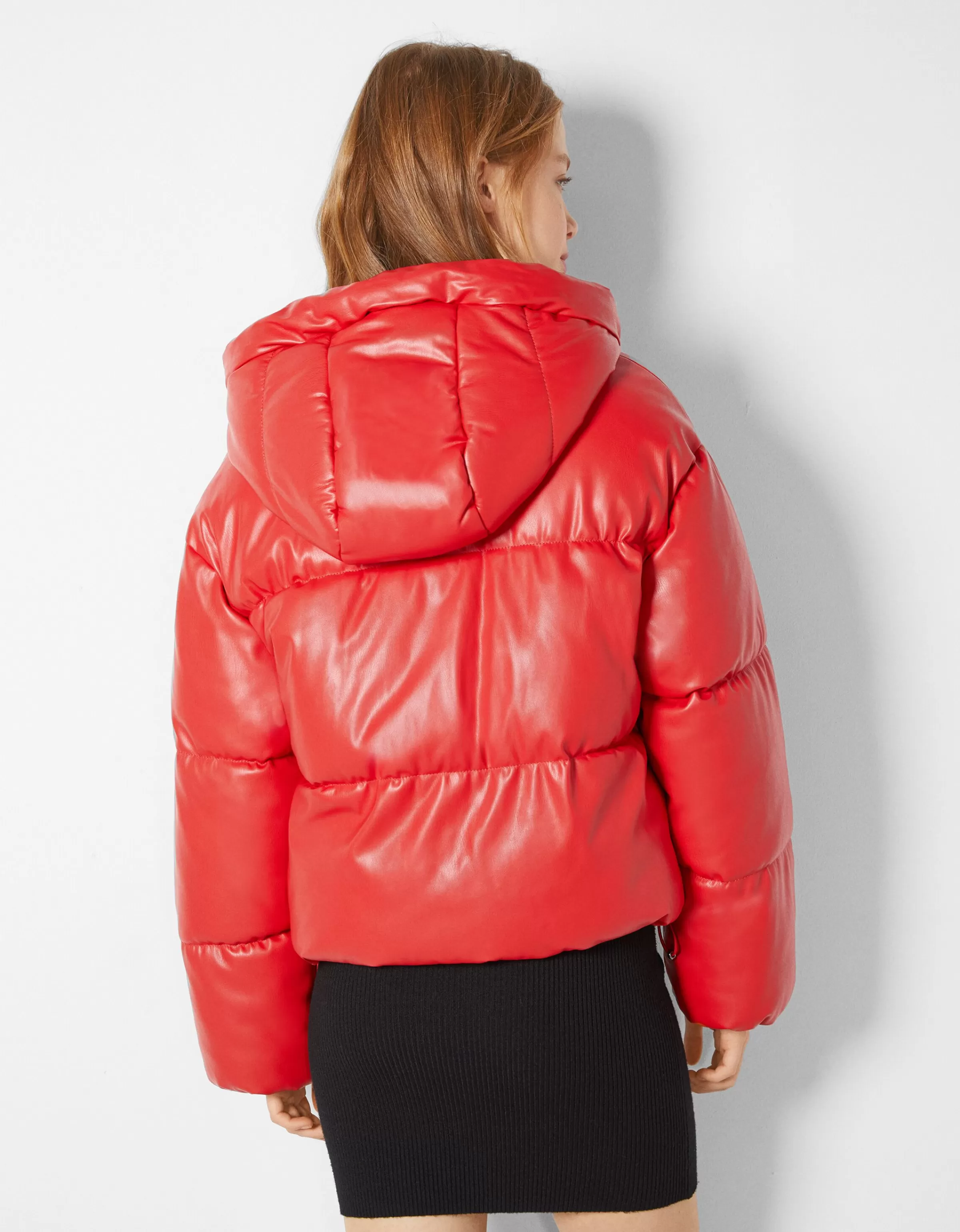 BERSHKA Vestes*Doudoune capuche similicuir Rouge