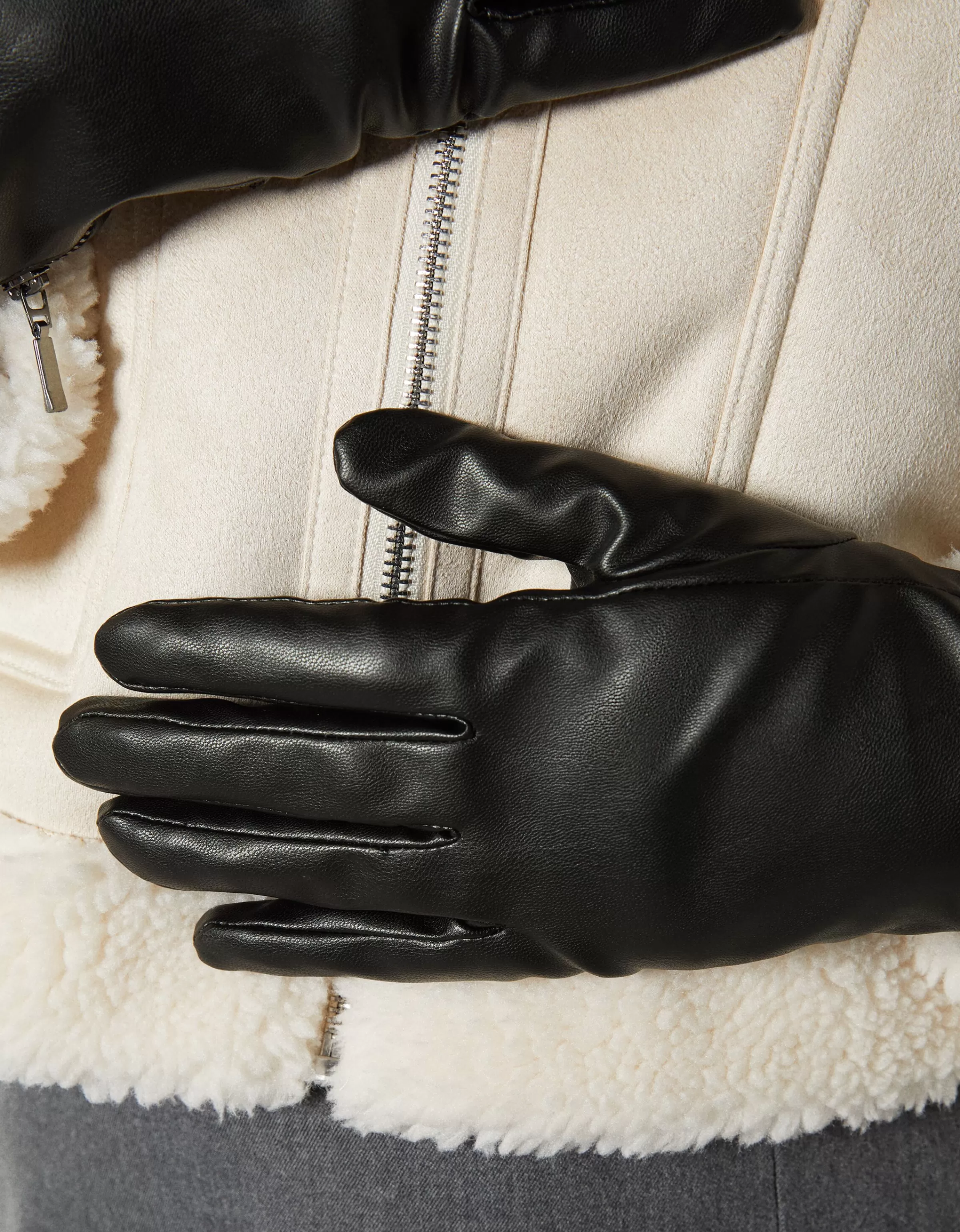 BERSHKA Similicuir*Gants similicuir fermeture Éclair Noir