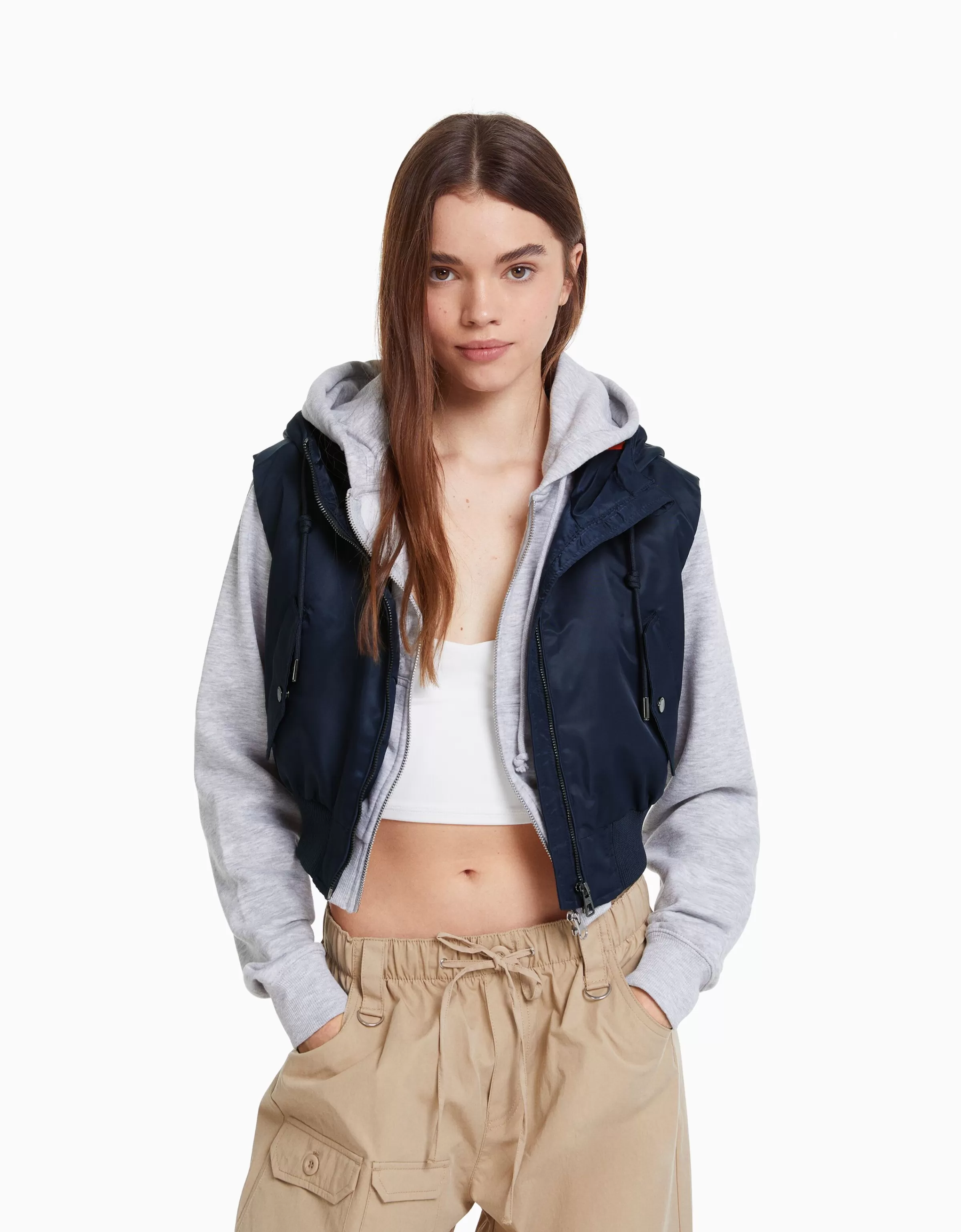 BERSHKA Vestes*Gilet bomber cropped sans manches capuche Marine