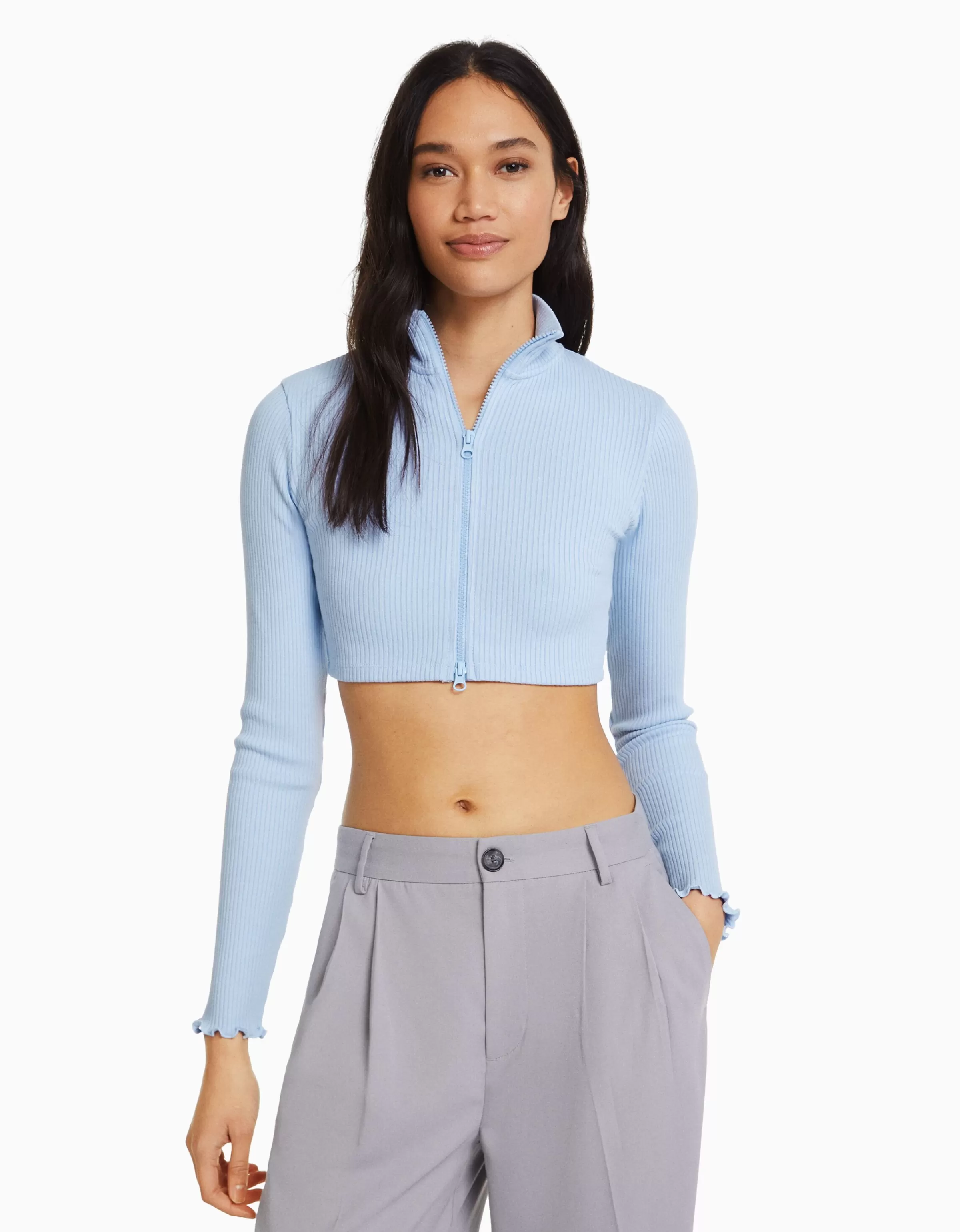 BERSHKA BSK Teen*Gilet cropped col montant fermeture Éclair Bleu clair