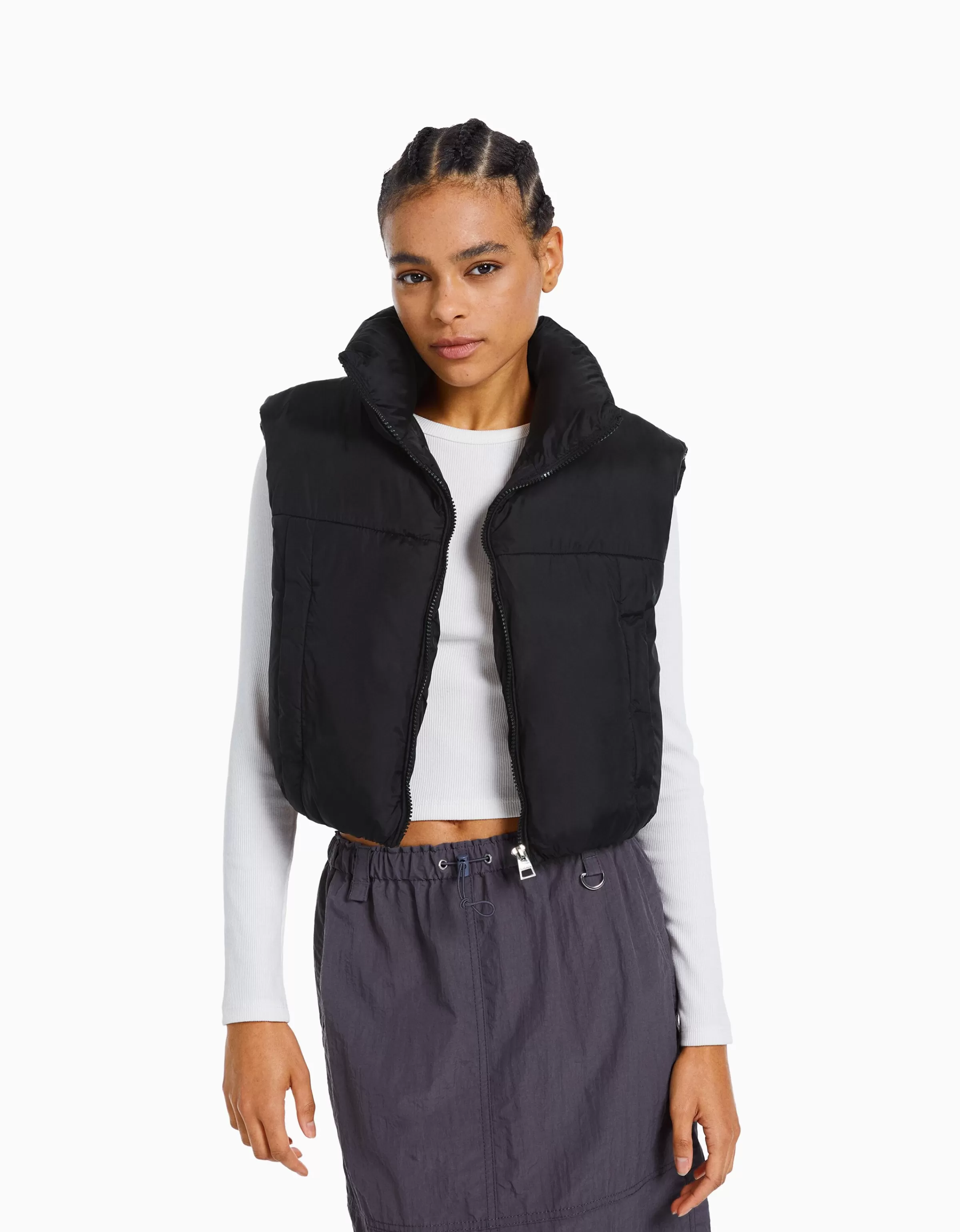 BERSHKA Vestes*Gilet cropped sans manches effet nylon Violet