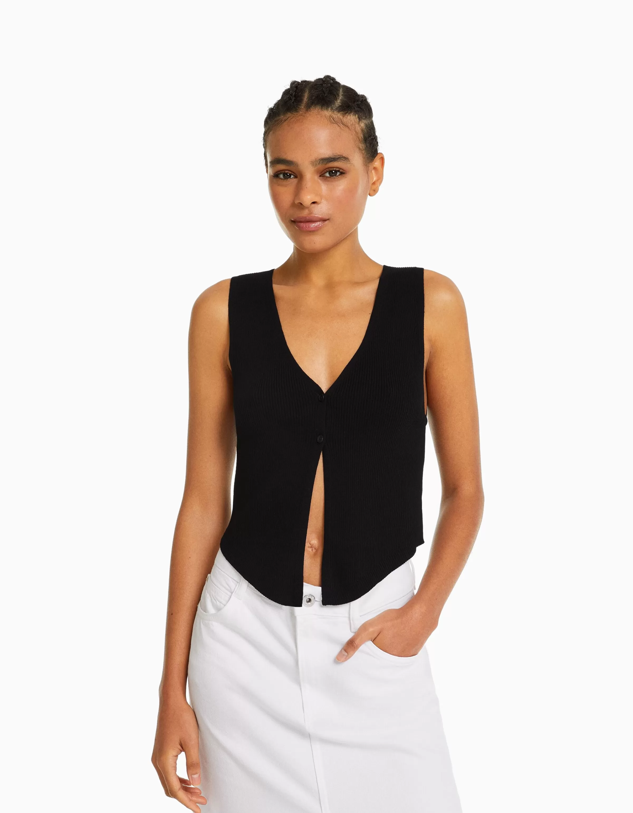 BERSHKA Vêtements*Gilet en maille avec boutons Noir