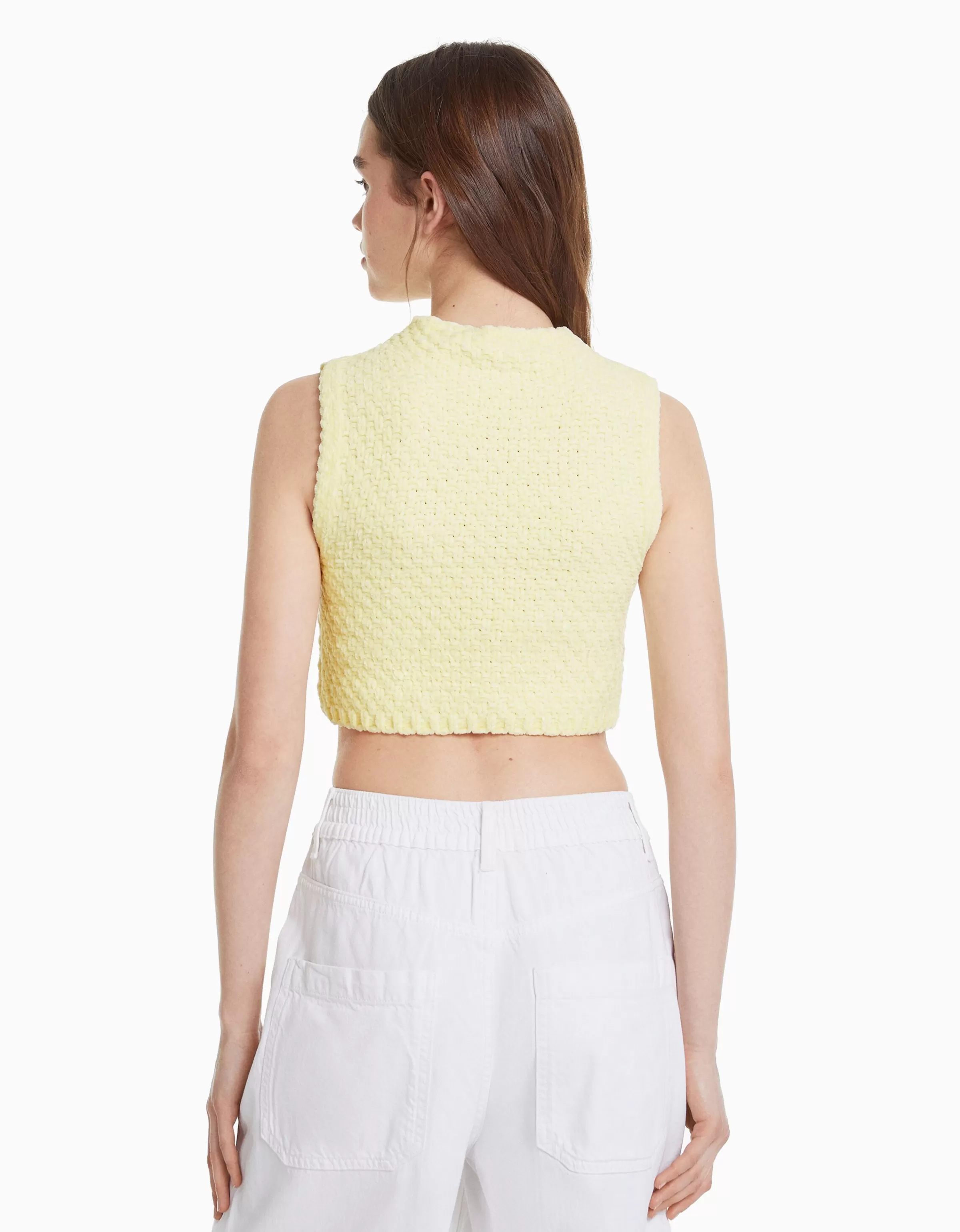 BERSHKA Tops et corsets*Gilet maille chenille Jaune