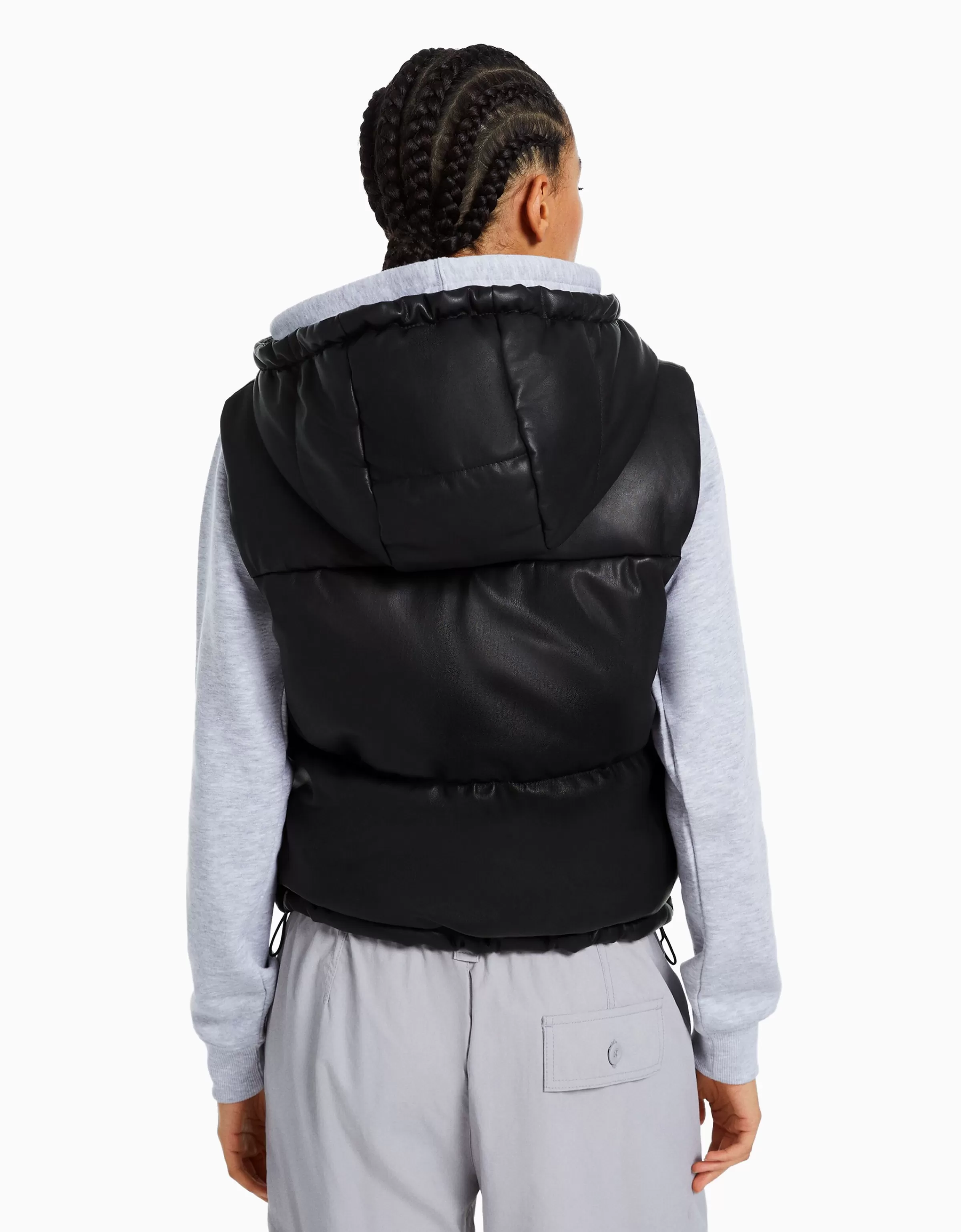 BERSHKA Vestes*Gilet sans manches capuche similicuir Noir