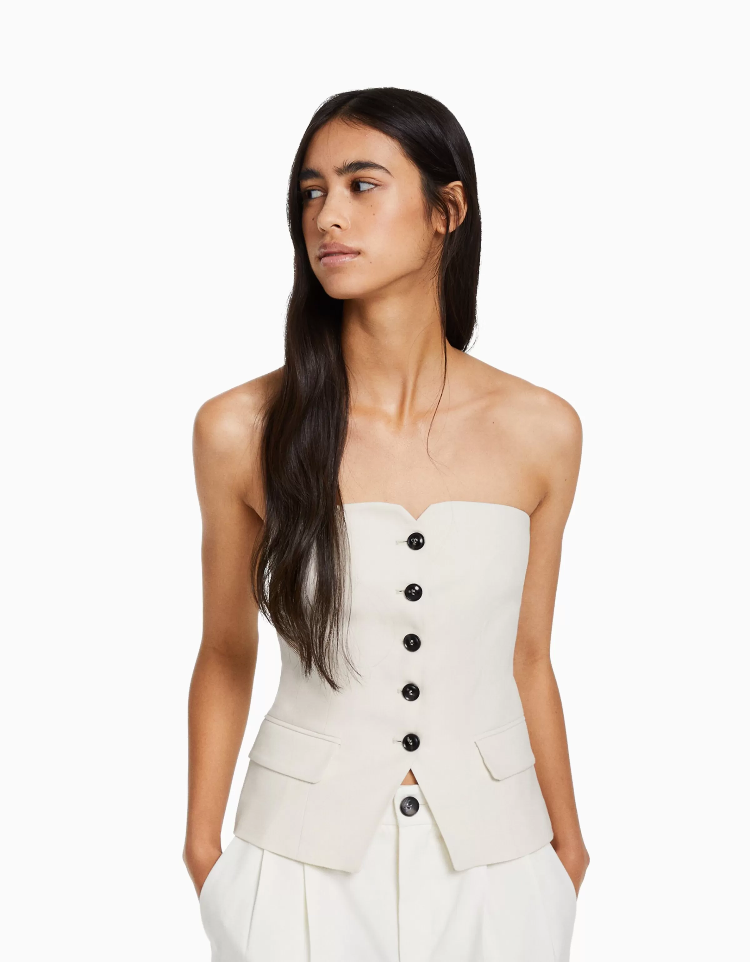 BERSHKA Vêtements*Gilet tailoring épaules dénudées Écru